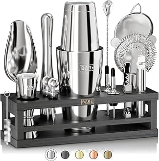 Cocktail Making Kit | 16-Piece Bartender Kit Cocktail Shaker Set Maker | Bamboo Display Stand & 35 Recipe Cards | Mixology Cocktail Gift Set (800ml/28oz Boston Shaker, Silver/Black)