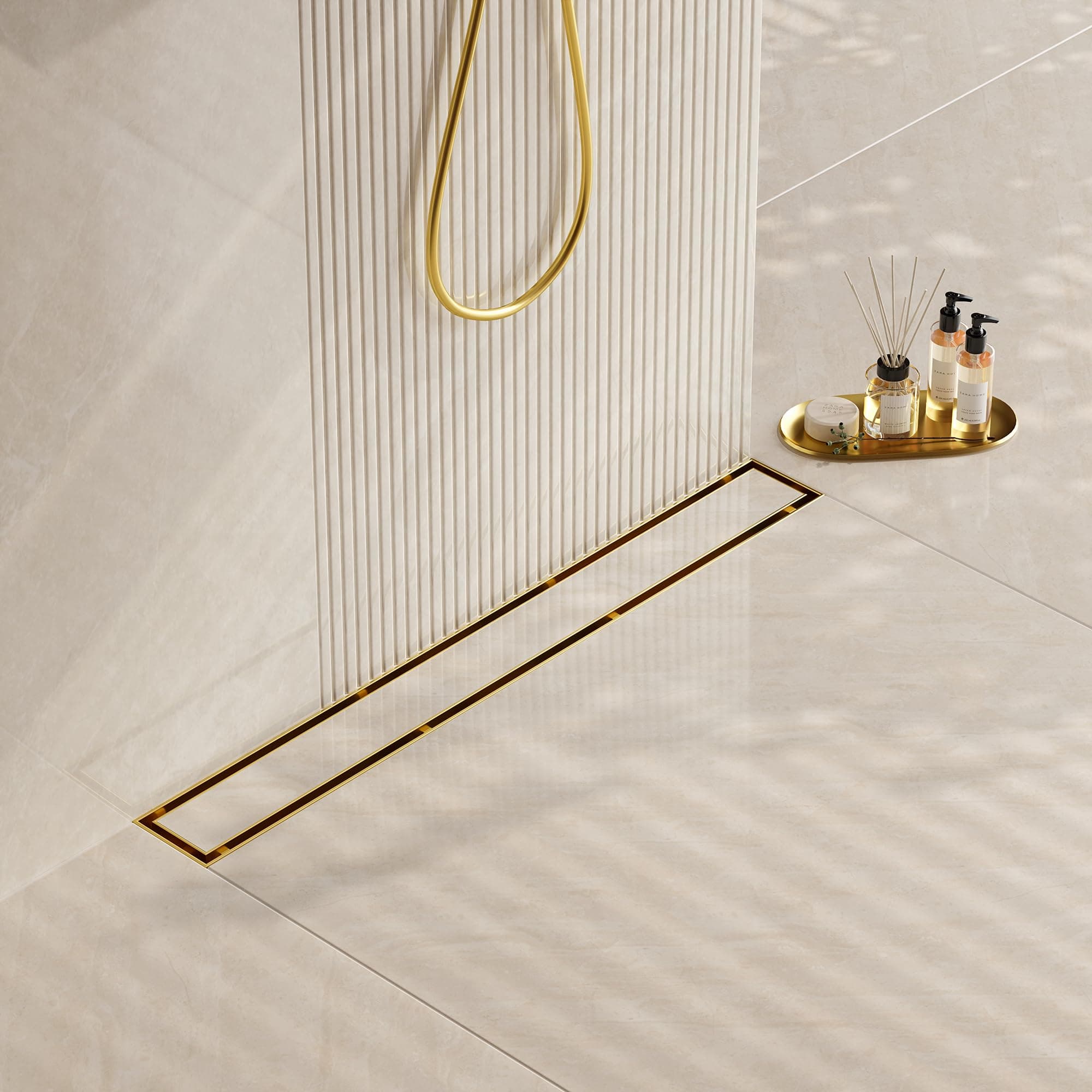 28-Inch Gold Linear Shower Drain, 2-in-1 Flat & Tile Insert Cover, Stainless Steel Linear Drain, Brushed Brass Rectangle Shower Floor Drain with Hair Strainer, Watermark&CUPC Certified
