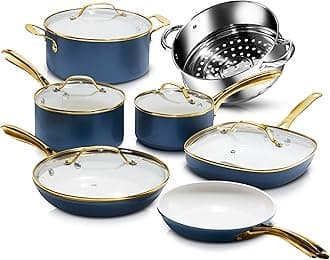 12 Pc Ceramic Cookware Set Nonstick, Ceramic Pots and Pans Set Non Stick with Steamer for Cooking, Non Toxic PFOA PFOS Free, Premium Stay Cool Handles, Oven & Dishwasher Safe