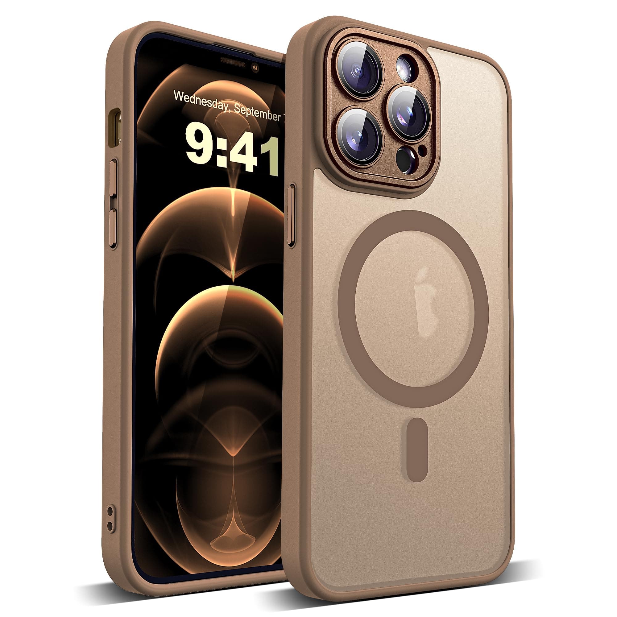 YEMORAN Compatible with iPhone 12 Pro Case with Built-in Camera Lens Protector Translucent Magnetic 12 Pro Phone Case 6.1" [Compatible with Mag-Safe][Great Grip Feeling], Desert Brown