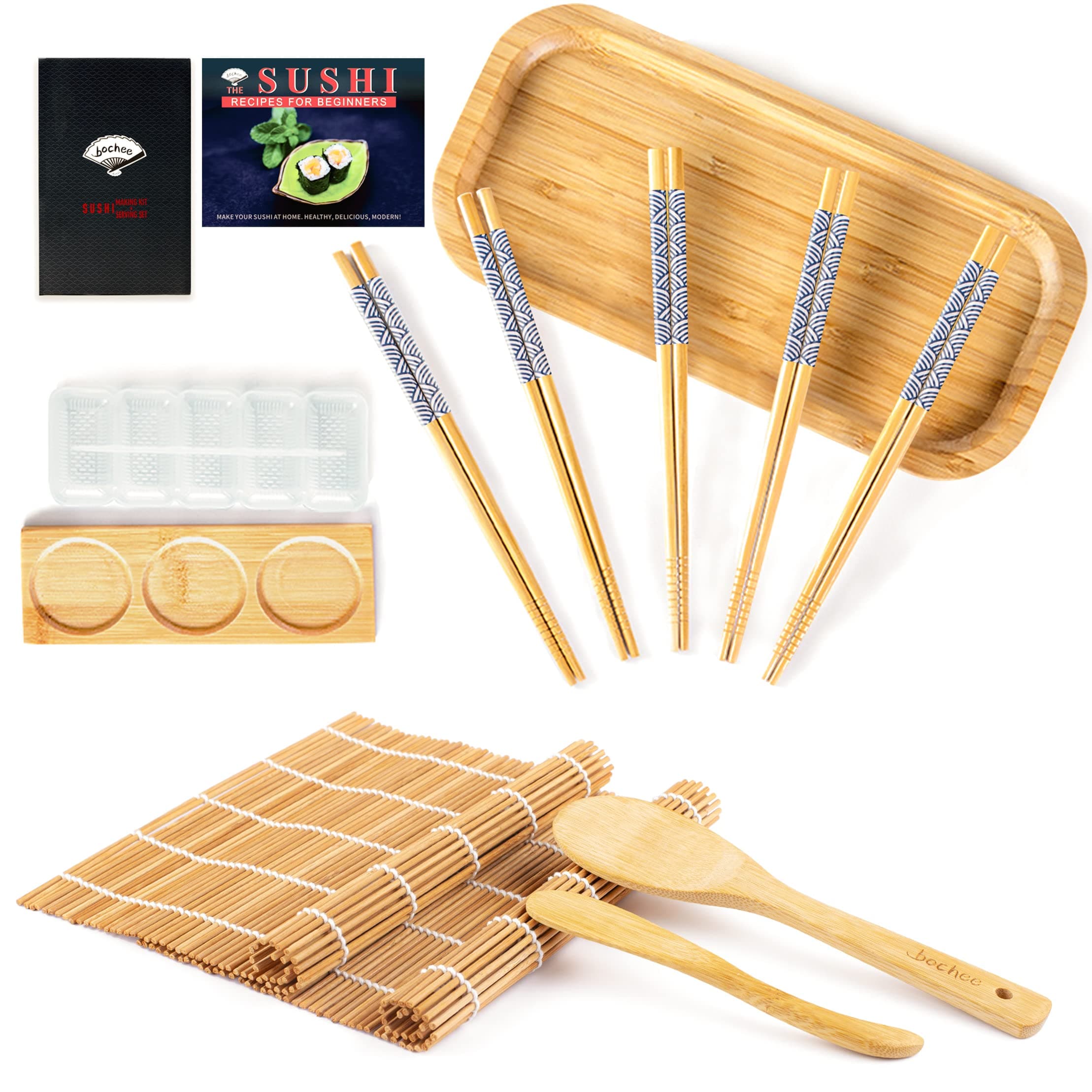 Sushi Making Kit 14 Pcs, Sushi Maker Kit and Serving Set with Gift Box- Video Tutorials & Ebook, 2 Bamboo Sushi Rolling Mats, Sushi Maker, 5 X Chopsticks, Serving Platter, Dish, Paddle, Spreader, Bag