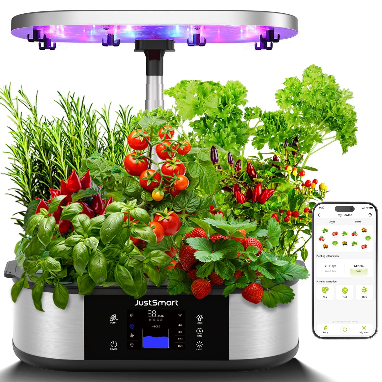 WiFi 12 Pods Hydroponics Growing System with APP Controlled JustSmart Indoor Garden Up to 30" with 30W 120 LED Grow Light, Silent Pump System, Automatic Timer for Home Kitchen Gardening, GS1 Basic