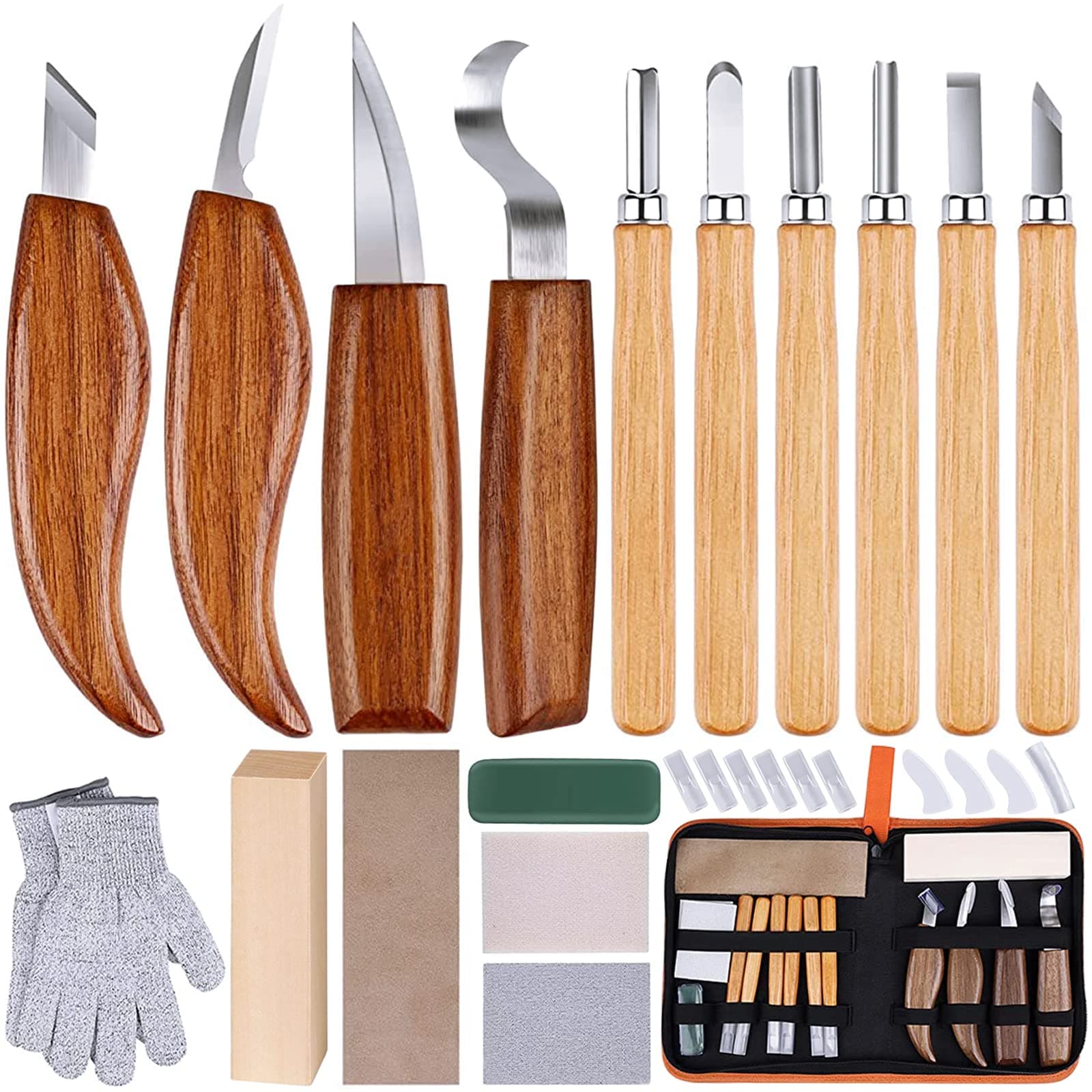 26-in-1 Wood Carving Kit with Detail Wood Carving Knife, Whittling Knife, Wood Chisel Knife, Gloves, Carving Knife Sharpener for Spoon, Bowl, Kuksa Cup (26PCS)