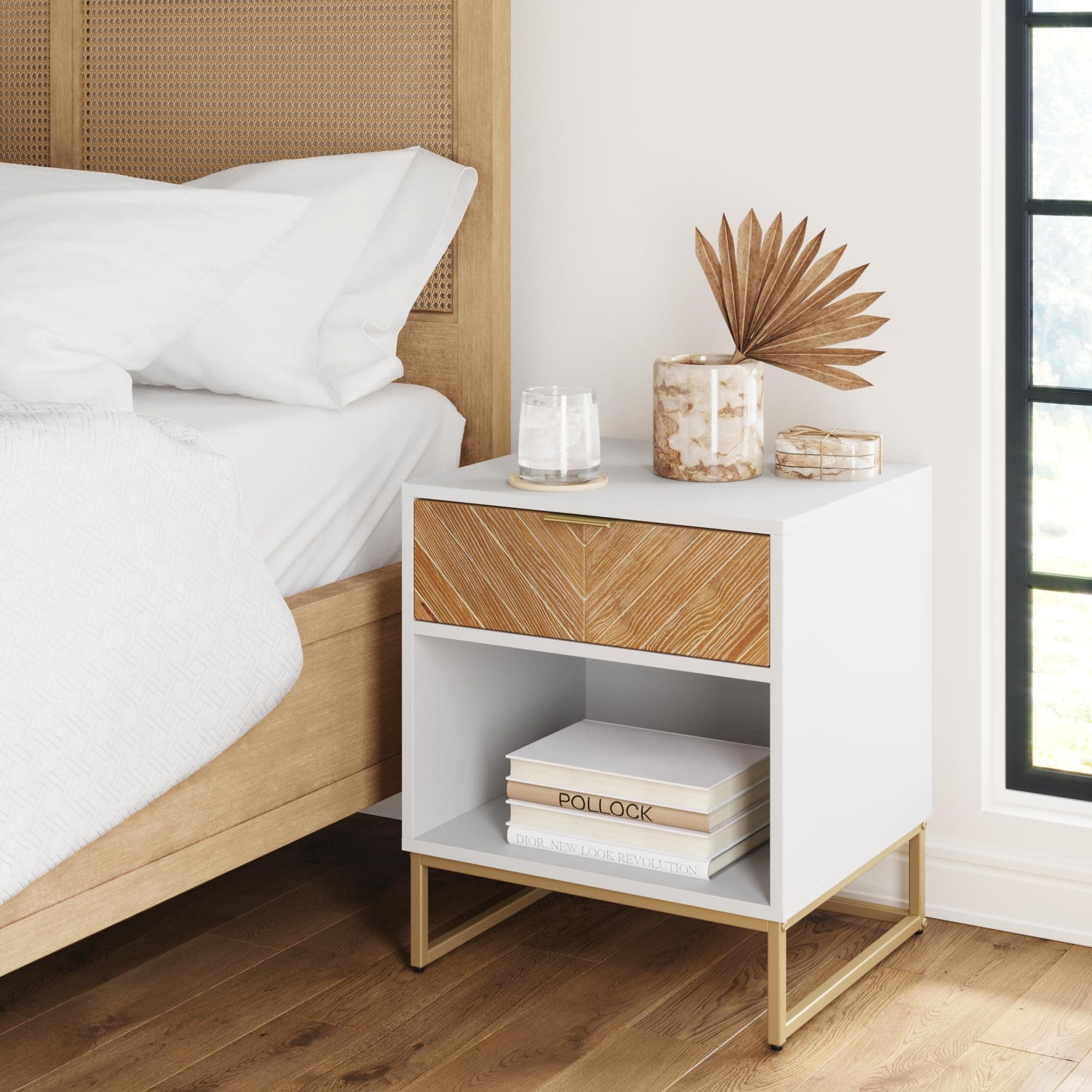 Kensi Nightstand Side Accent or End Table with Storage, White/Gold