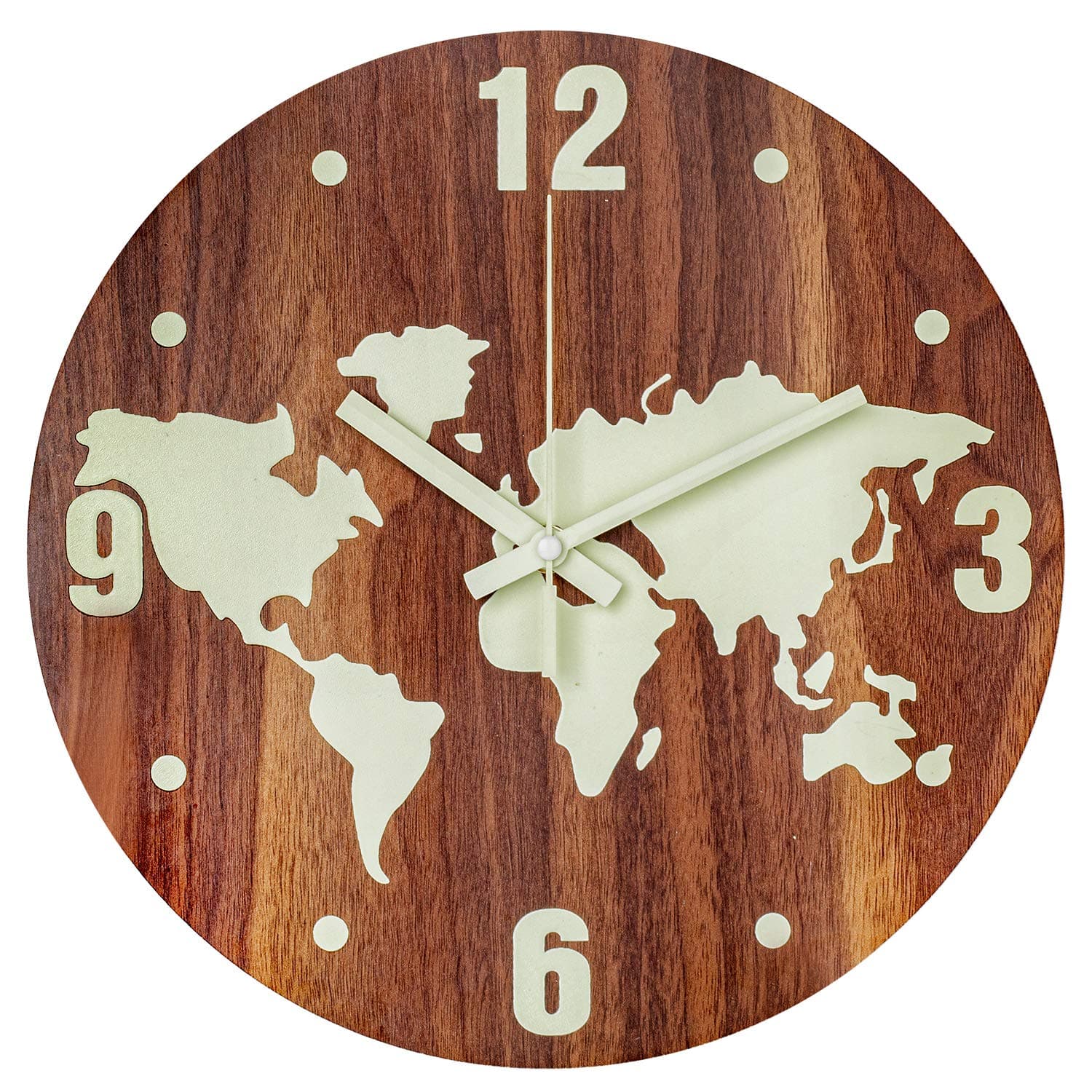 BEW Luminous Wall Clock, Chic Map Illuminated Decorative Wall Clock Glow in Dark, Silent Battery Operated Night Light Wooden Wall Clock for Kids Bedroom, Living Room, Dining Room, Kitchen - 12 Inch