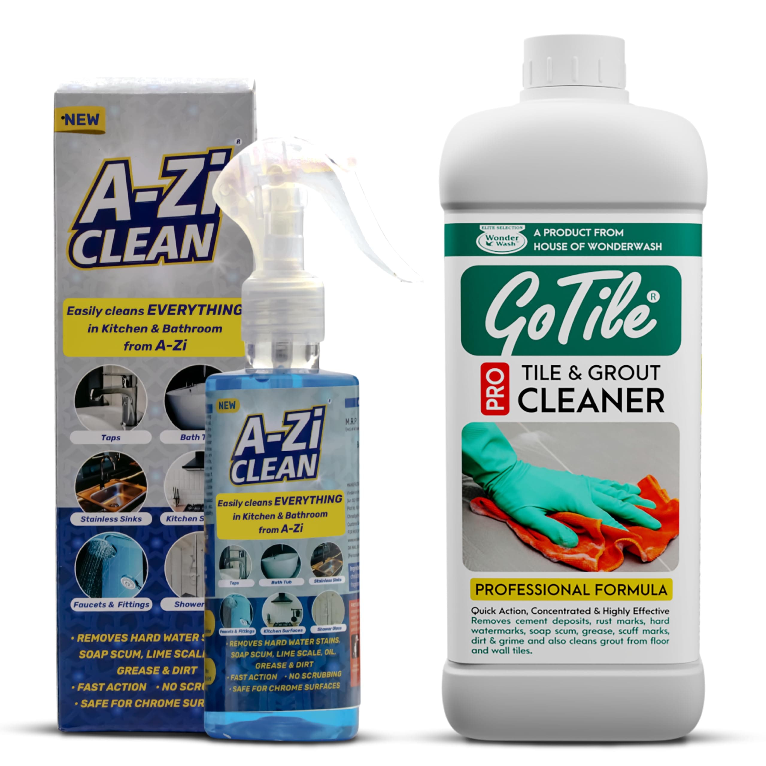 - Bathroom Deep Cleaning Combo | A-Zi Clean 200 ML & GOTILE PRO Tile Cleaner 1L Concentrated | Removes Hardwater Marks, Limescale, Soap Scum and Oil Stains for Faucet, Basins, Quick action