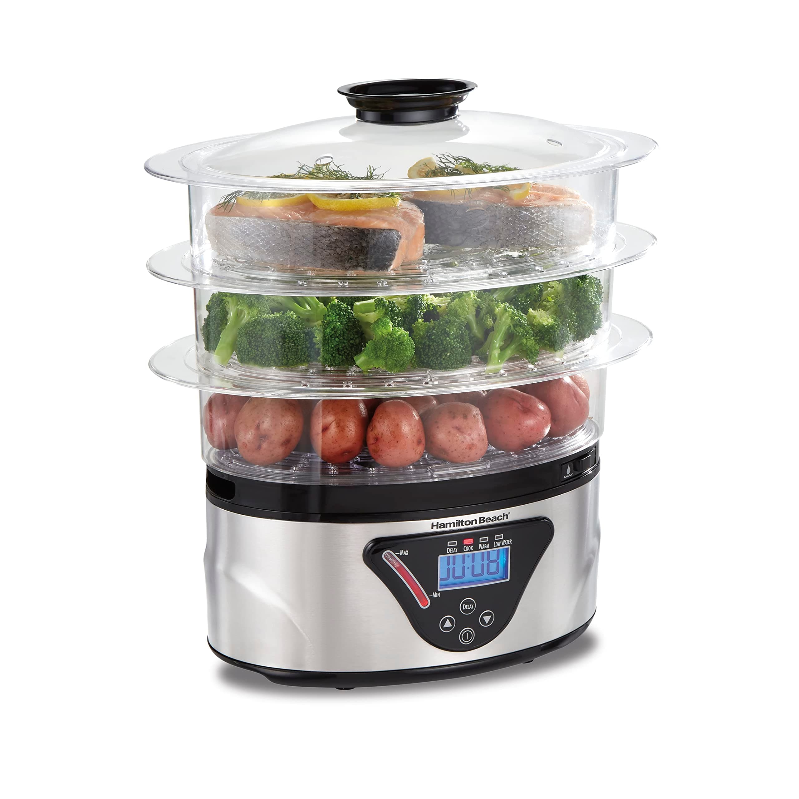 Digital Food Steamer for Quick, Healthy Cooking with Stackable Three-Tier Bowls for Vegetables and Seafood Plus Rice Basket, 8.25 Quart, Black & Stainless Steel