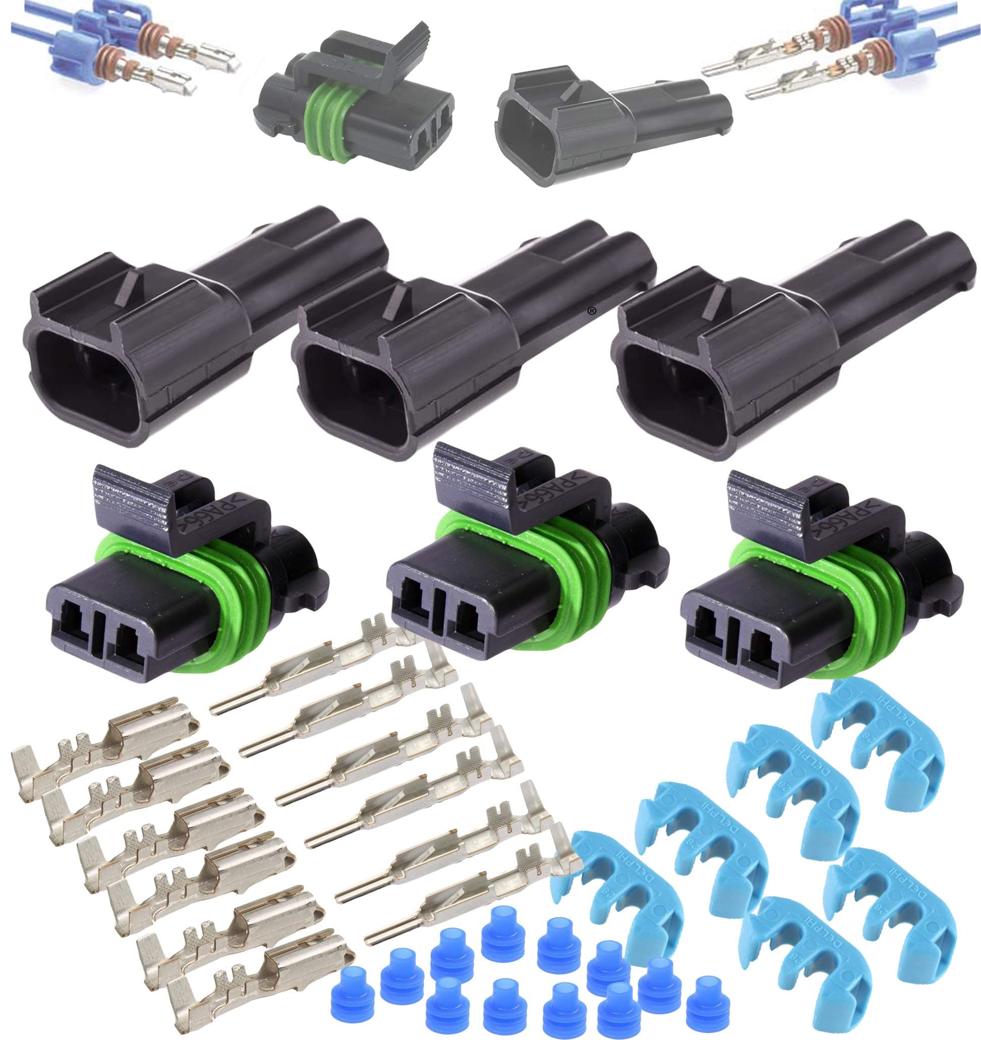 Delphi Metri-Pack 280 Series 2-Way Connector w/10-12 AWG Sealed Waterproof (3 Completed Set)