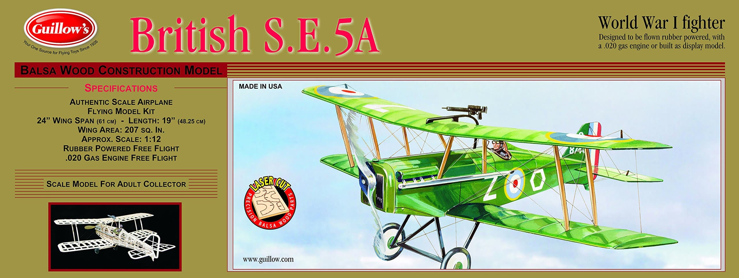 Guillow's British SE 5-A Laser Cut Model Kit, Small