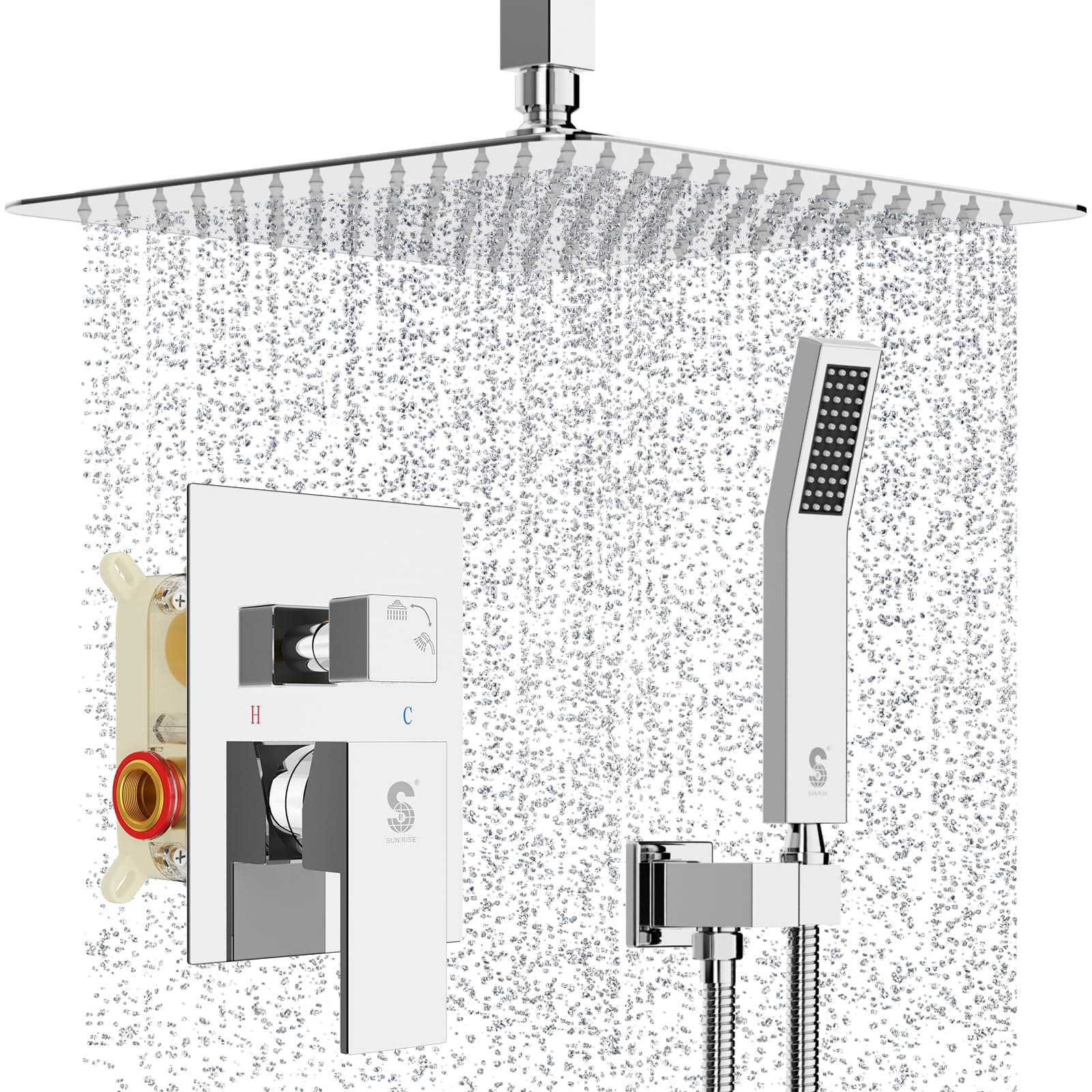 12 Inch Ceiling Mounted Shower System Rain Mixer Shower Combo Set Rainfall Shower Head System Polished Chrome Shower Faucet Rough-in Valve Body and Trim Included