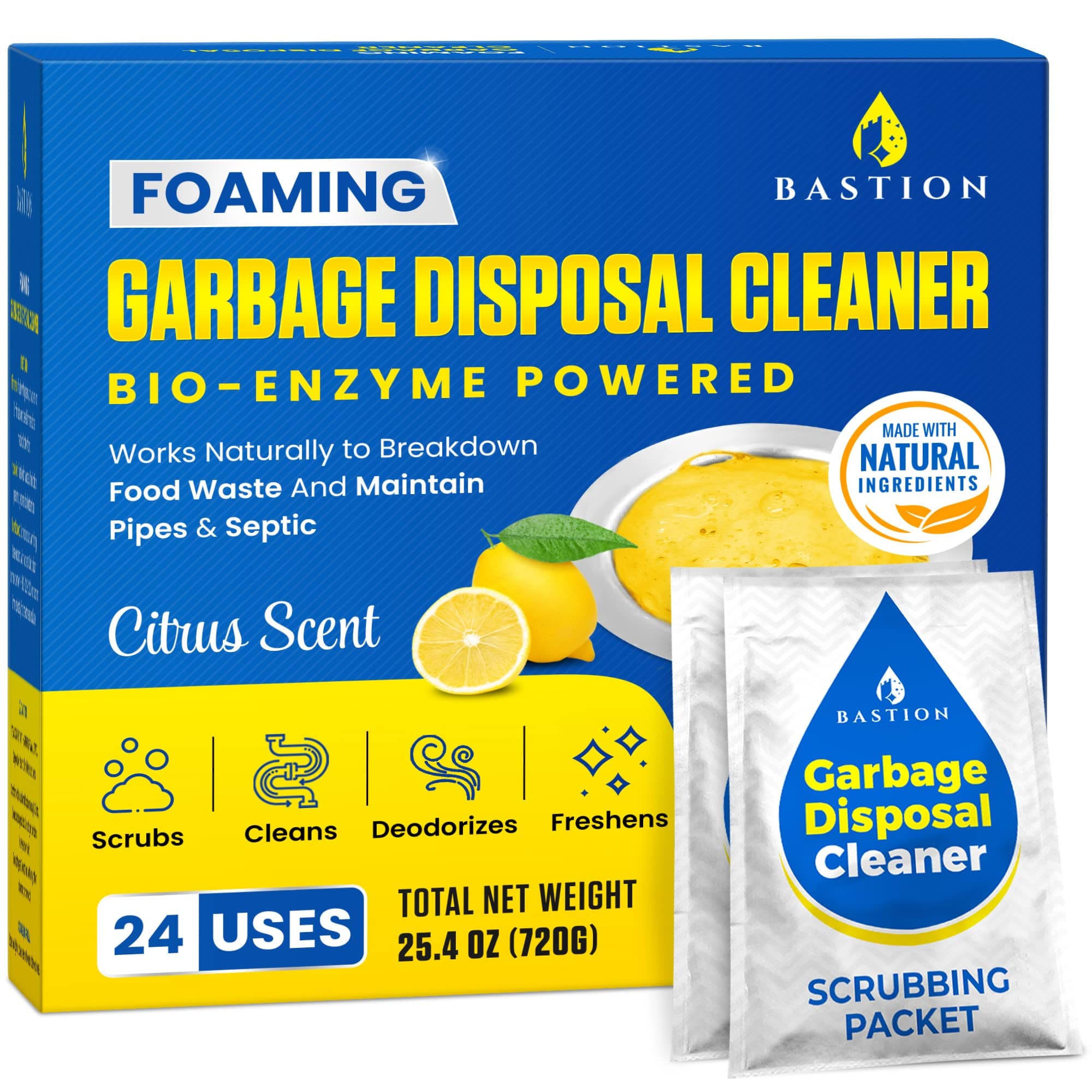 Garbage Disposal Cleaner and Deodorizer - 24-Count (1-Year Supply) Foaming Lemon Scented Kitchen Sink Freshener Pods & Drain Odor Eliminator Disposer Care