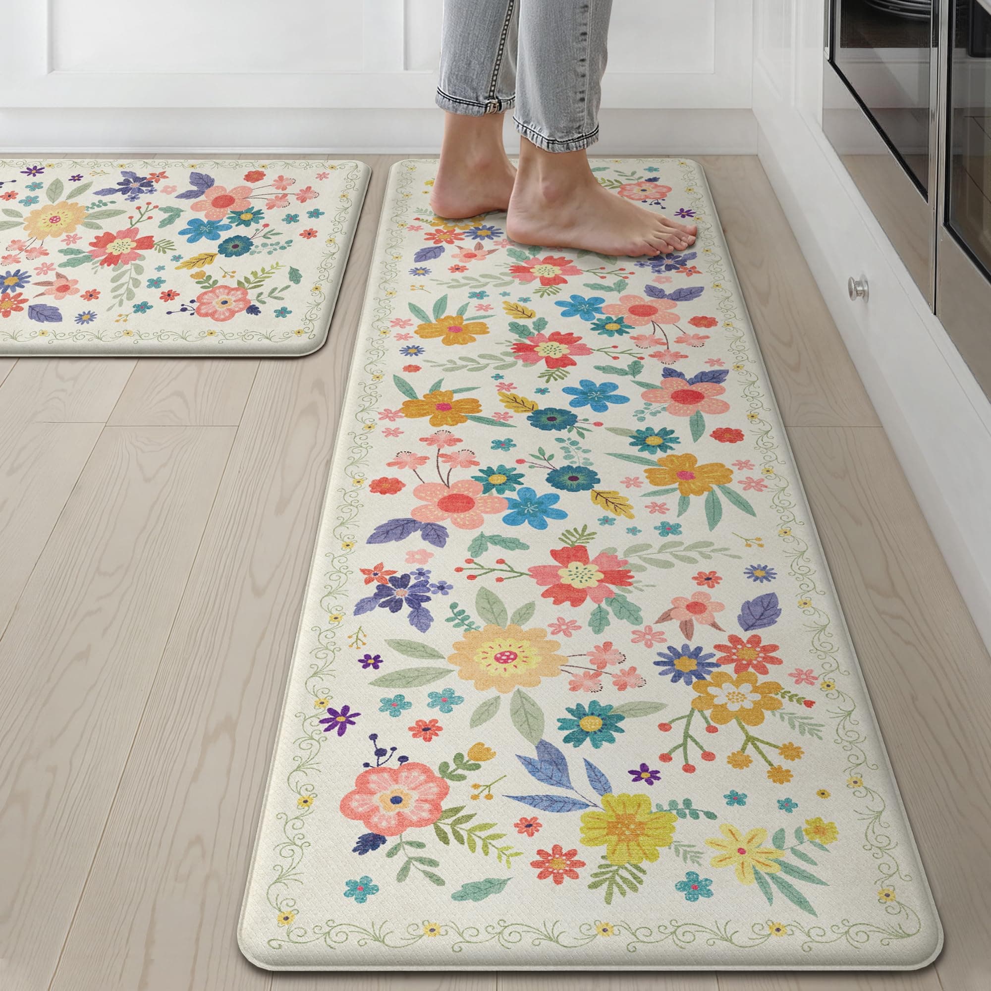 GENIMO Kitchen Mats for Floor 2PCS, Cushioned Kitchen Rugs Non Slip Washable, Farmhouse Anti Fatigue Mat Waterproof, Comfort Standing Mat Rug for Office, Home, Laundry, 17.3"x59"+17.3"x30", SoftWhite