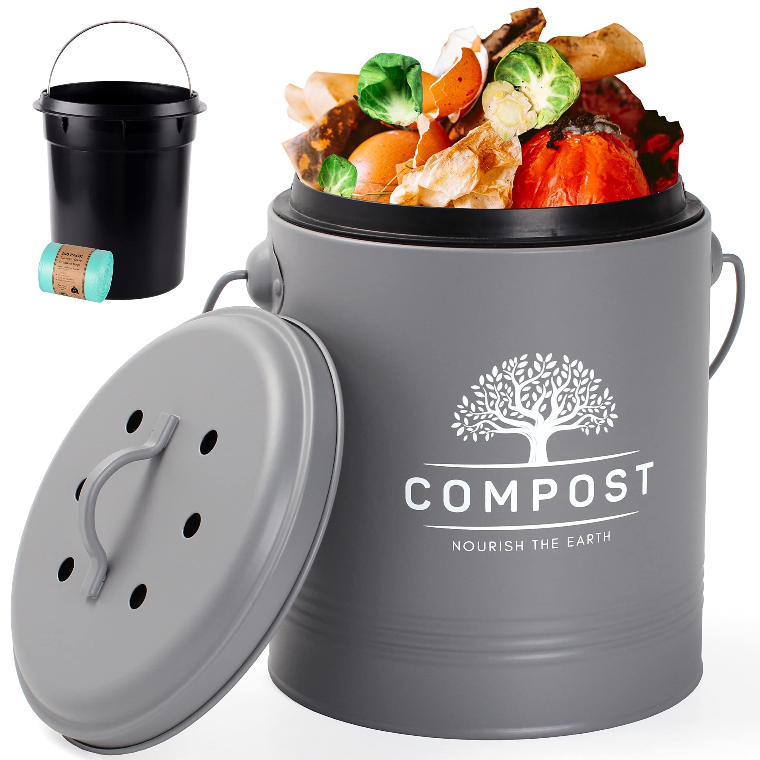 Perfnique Kitchen Compost Bin, 1.3 Gallon Countertop Compost Bin with Lid, Indoor Compost Bucket Includes Inner Bucket Liner and Carbon Filter, Small Compost Bin with Trash Bags (with Bags, Grey)