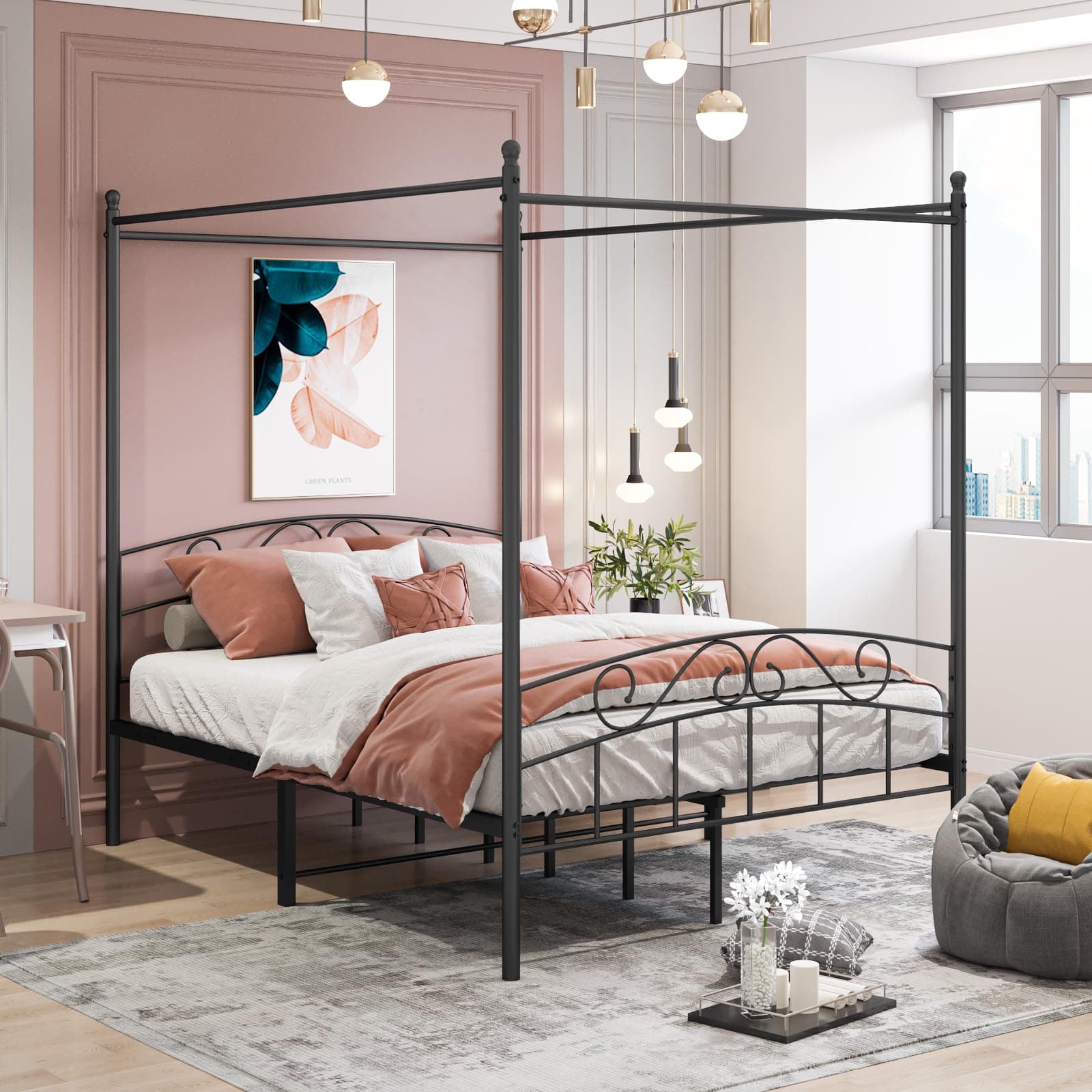 Panana Metal Canopy Bed Frame Double Size 4 Poster Platform Bed with Headboard&Footboard Home Modern Bedroom Furniture(Black)