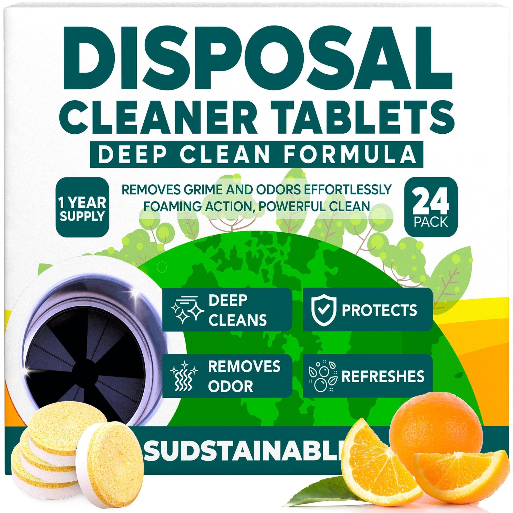 Sudstainables Garbage Disposal Cleaner Tablets 24-Pack - Sink Cleaner and Deodorizer, Disposal Cleaner and Deodorizer, Garbage Disposal Cleaner and Deodorizer Tablets - up to 1-year Supply
