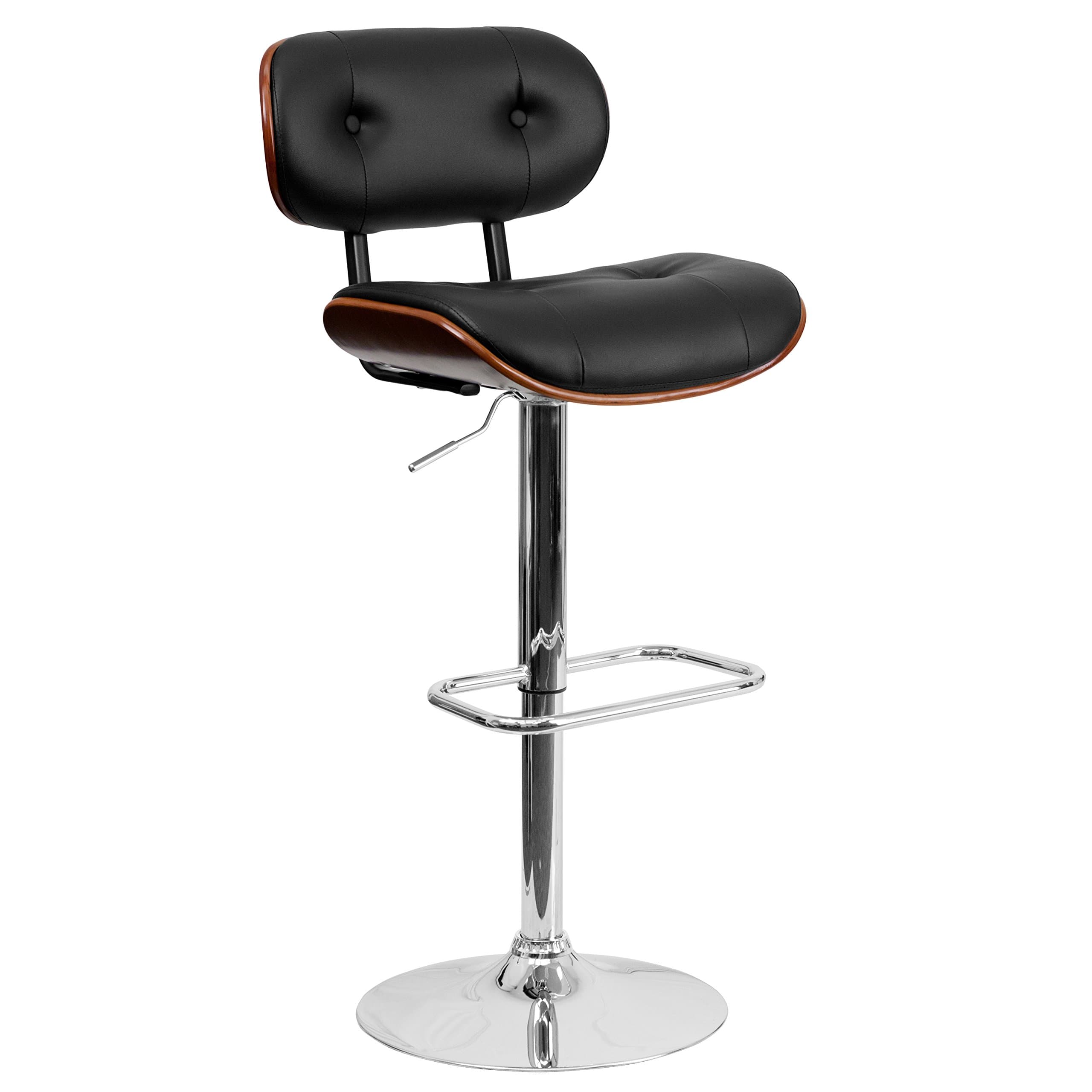 Magnus Walnut Bentwood Adjustable Height Barstool with Button Tufted Black Vinyl Seat