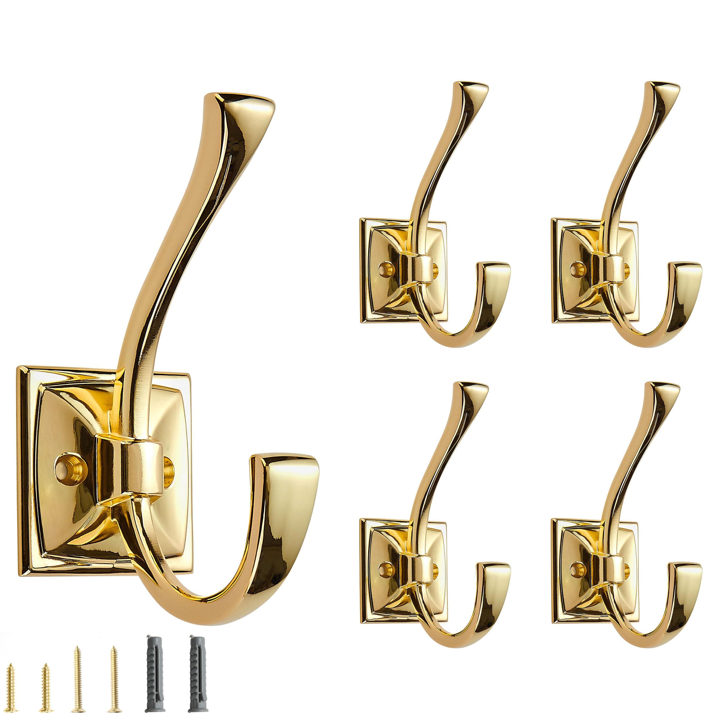 CABDM 5 Pack Decorative Heavy Duty Towel Hooks for Hanging Robe Double Polished Brass Coat Hooks Wall Mounted with Screws for Key, Towel, Bags, Cup, Hat