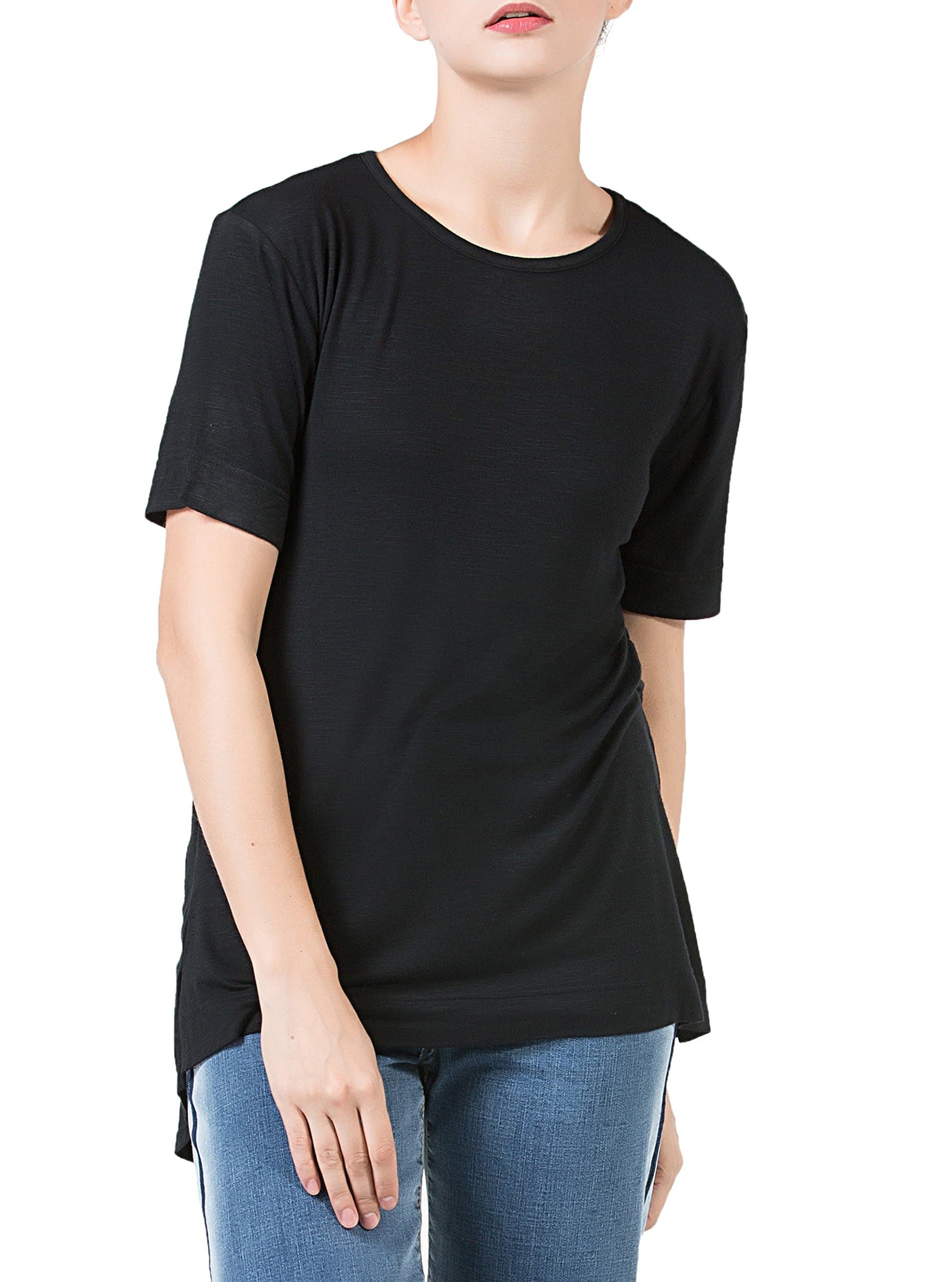 PERHAPS U Womens Crew Neck Soft Tee Slub Cotton Plain Basic Tee Shirts(XL, Black)