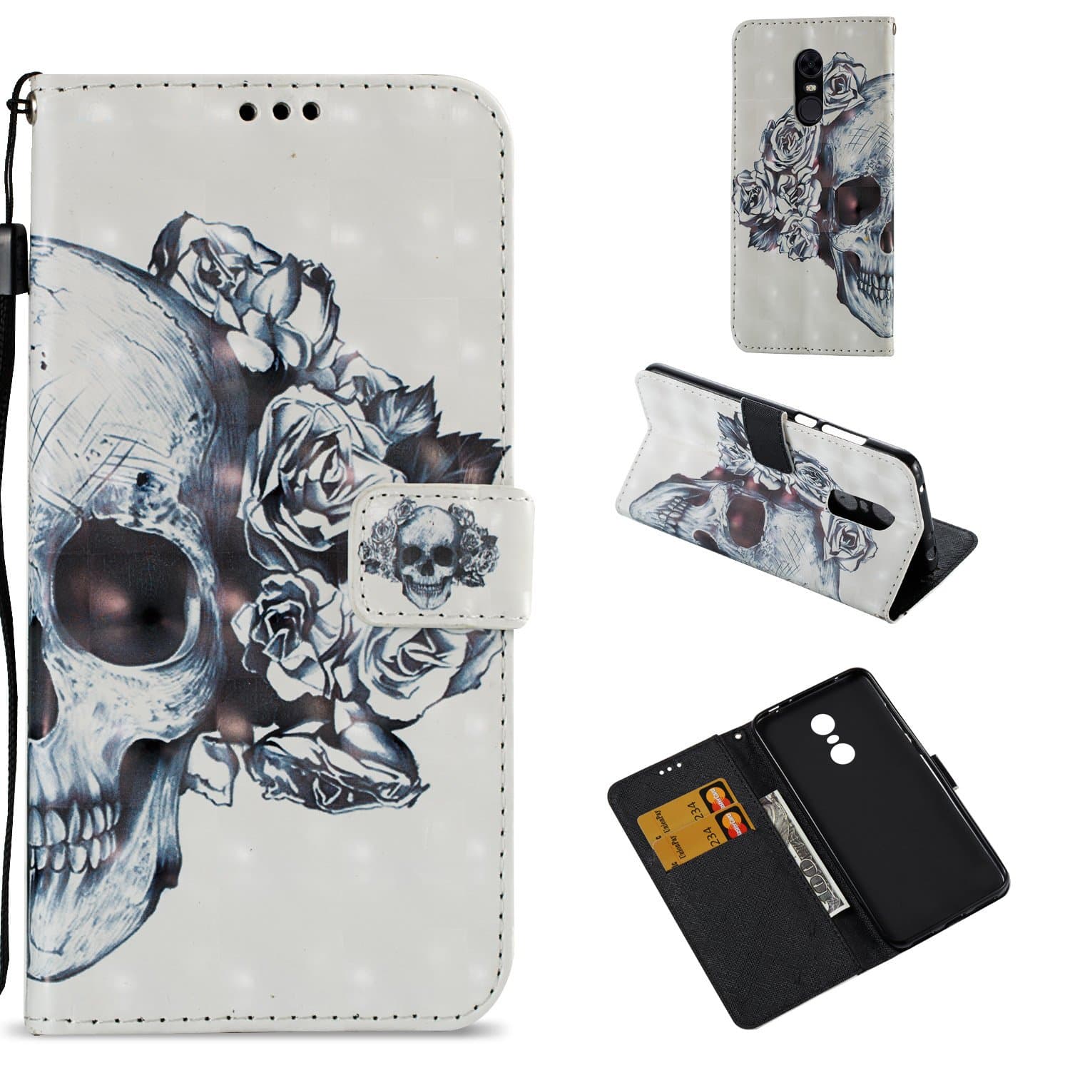 Xiaomi Redmi Note 5 Case,Redmi 5 Plus Case,PU Leather Wallet Flip Full Body Protective Phone Cover with Credit Card Slot Wrist Strap Magnetic Closure Stand Accessories Skull Flower
