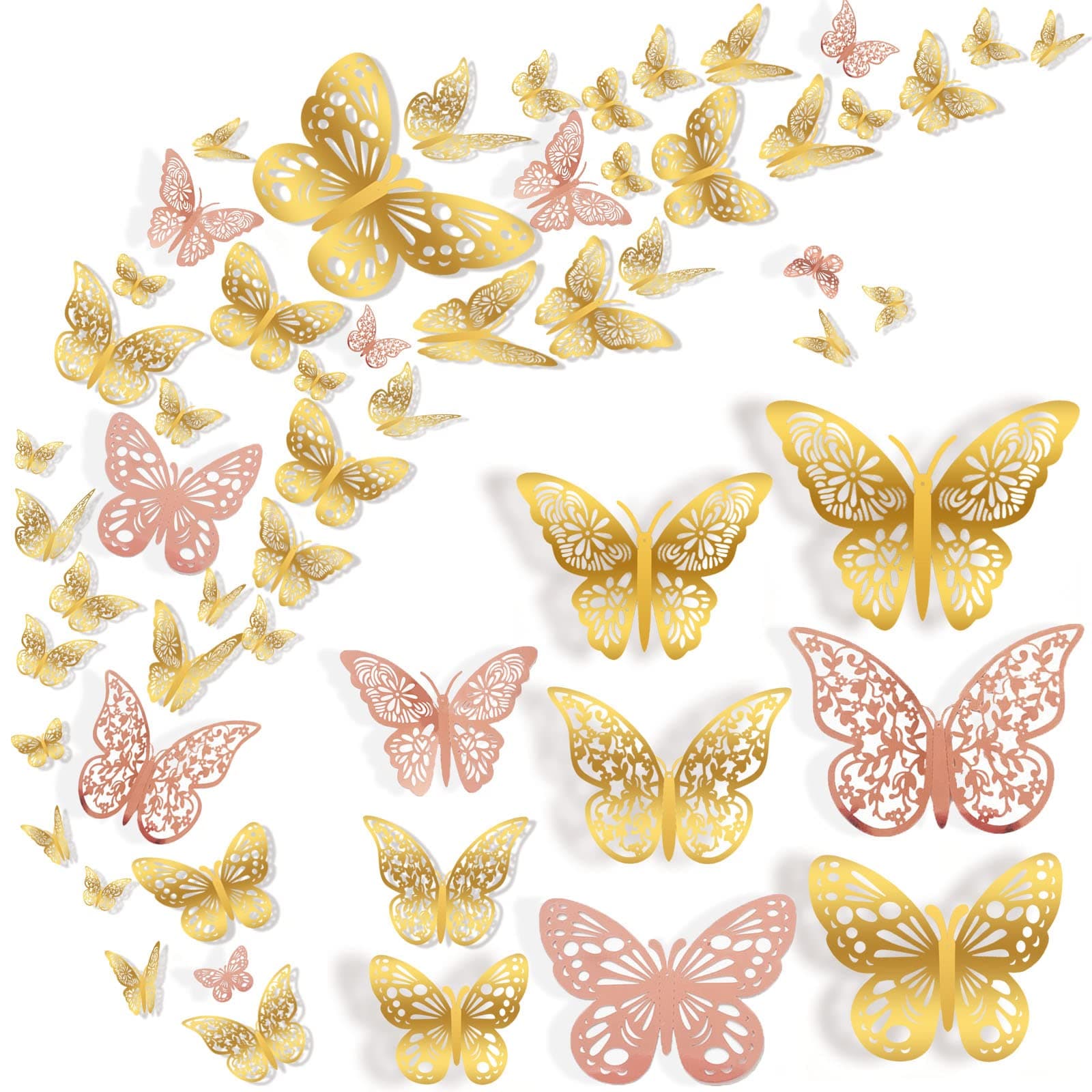 72 Pcs 3D Butterfly Wall Decor - 3 Styles, 3 Sizes, Gold and Rose Gold - Wedding, Birthday Party, Girls Bedroom Decorations