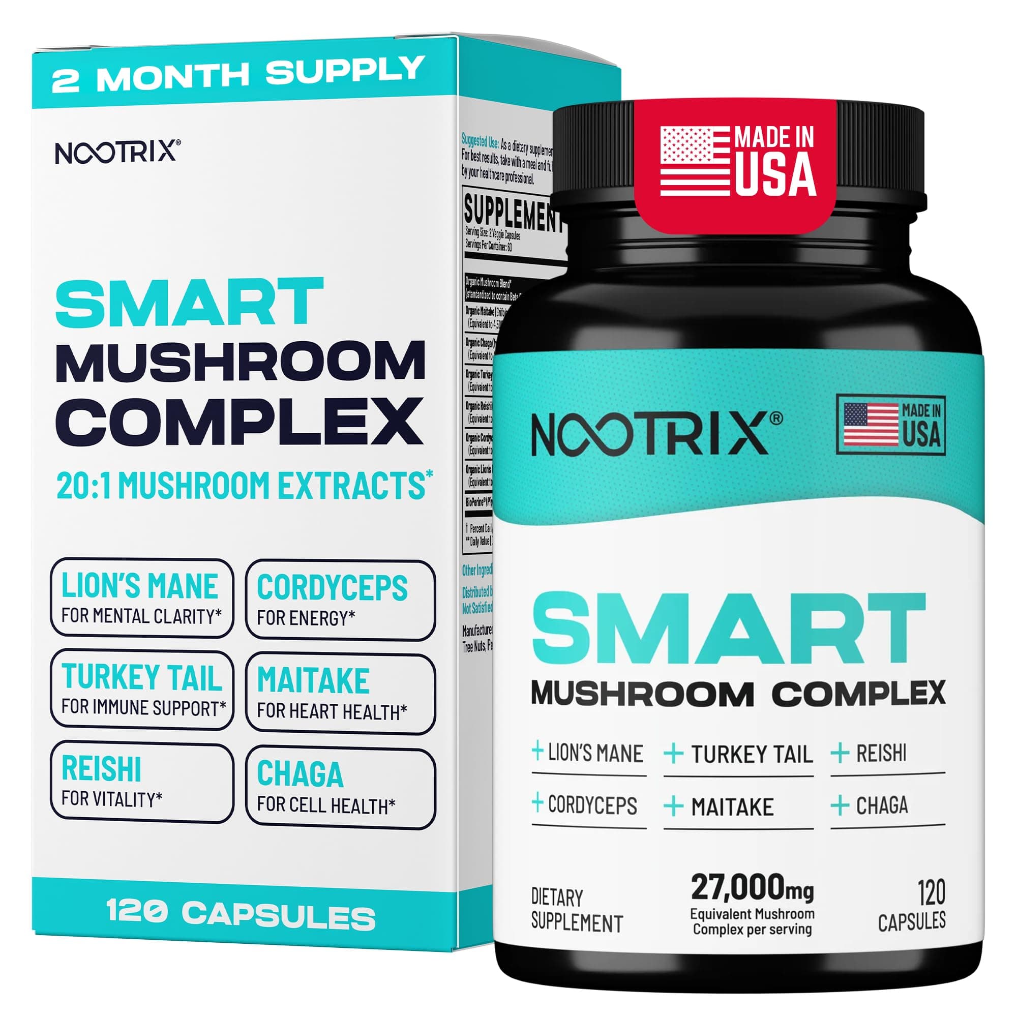 Nootrix Smart Mushrooms Complex Supplement | Supports Memory, Mental Focus, Cognitive Health & Energy | 27,000mg Organic Mushrooms | Lions Mane, Reishi, Cordyceps, Chaga & Turkey Tail | 120 Capsules