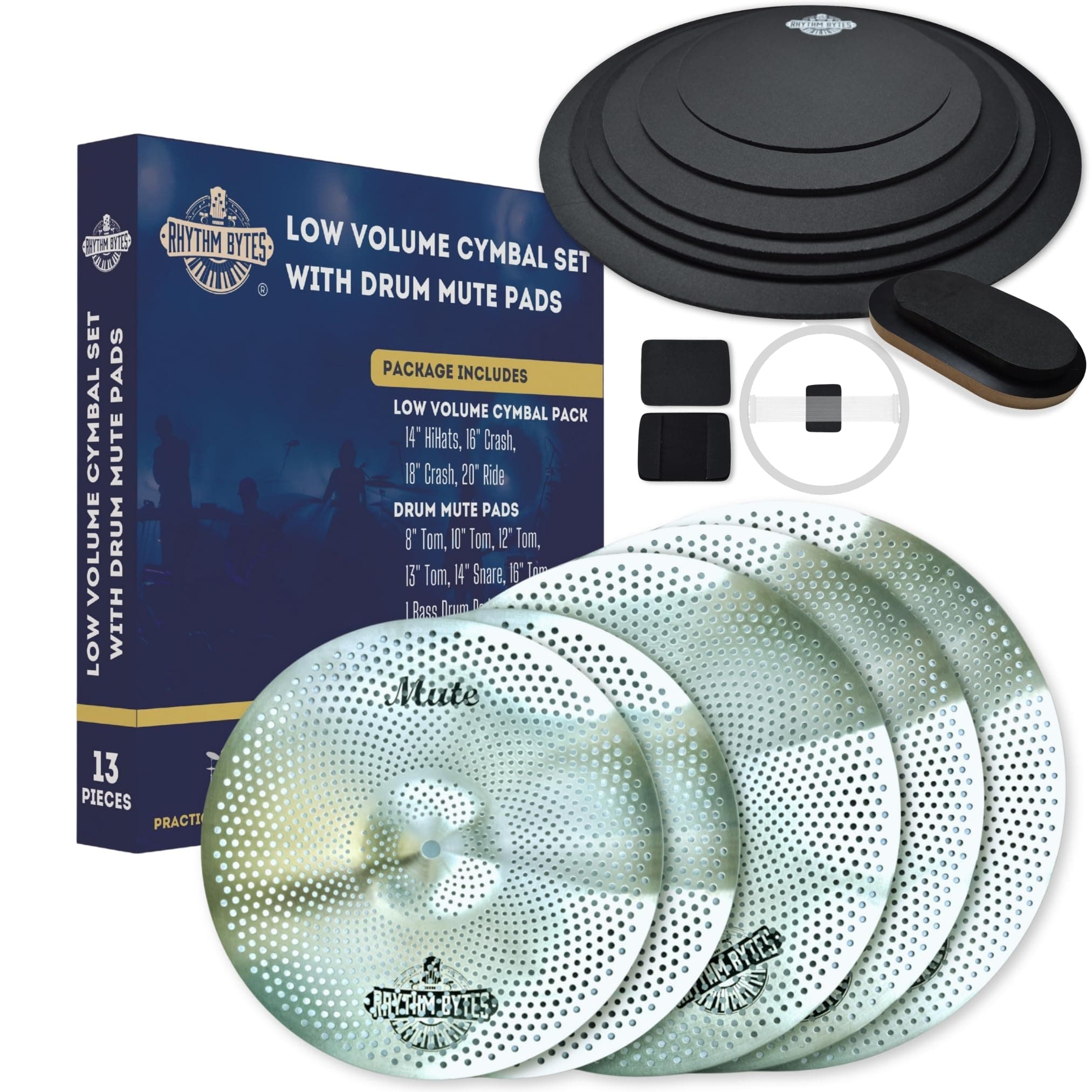 Rhythm Bytes Low Volume Cymbal Pack with Drum Silencer Pads, 13pcs, Cymbals Set - 14"/16"/18"/20", Drum Mute Pads - 8"/10"/12"/13"/14"/16", 1 Bass Mute, 1 Snare Wire Mute, Silver