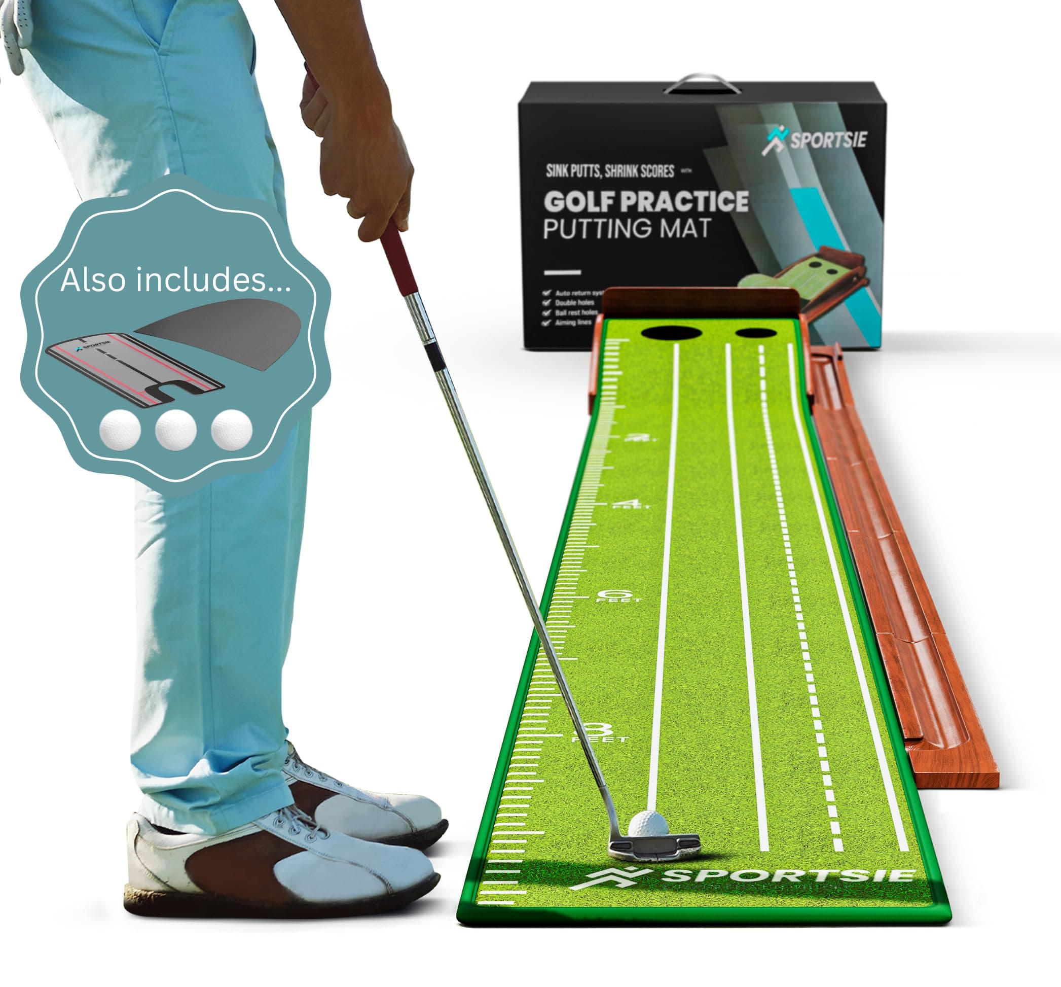 9.5FT Golf Putting Mat with Ball Return, Backyard Putting Green Kit with 3 Balls, 2 Holes, and Alignment Mirror, Nonslip Mat for Indoors and Outdoors
