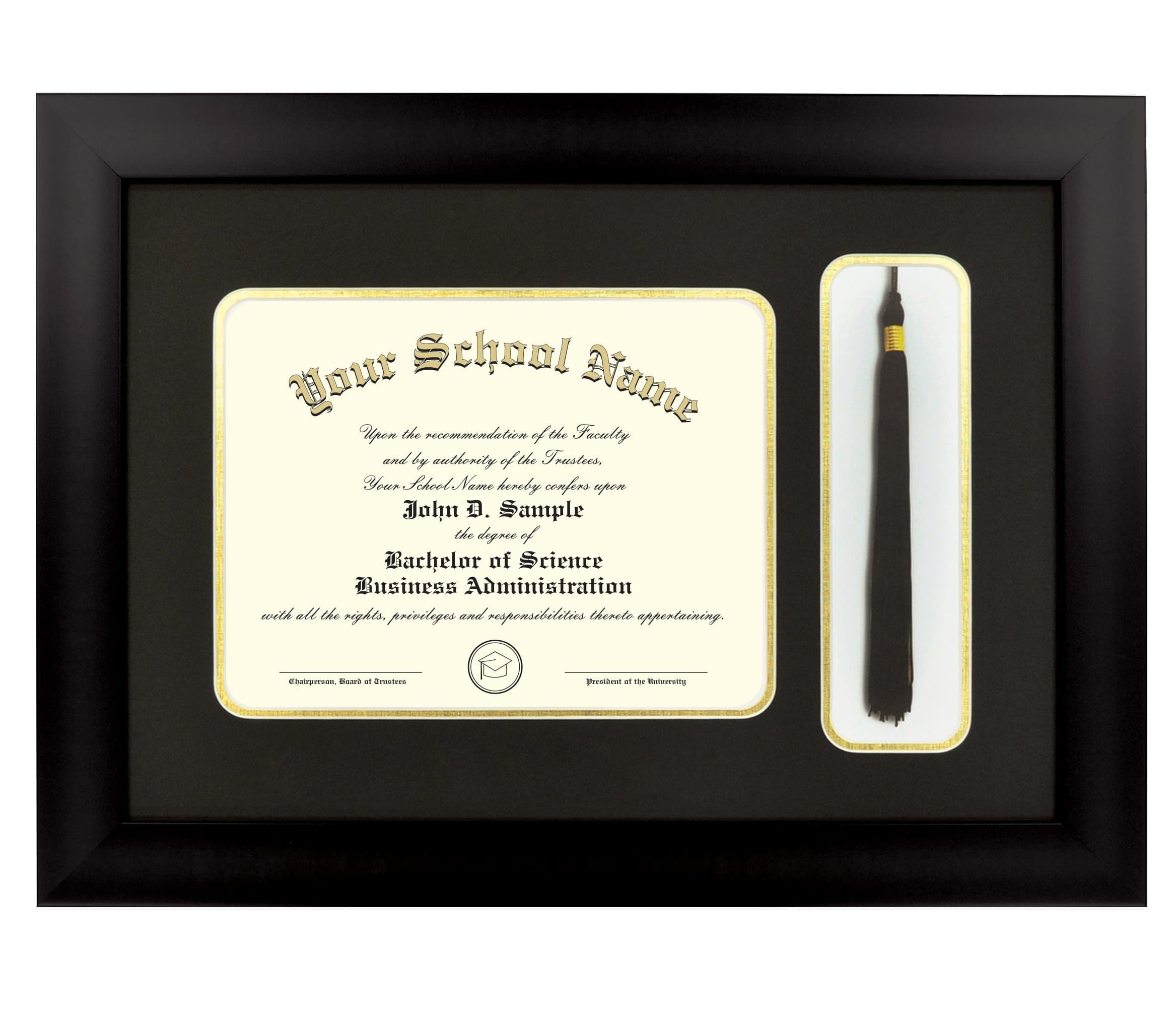Celebration Frames Matte Black Finish Manhattan Diploma Frame (fits 8.5 x 11 Document) with Tassel Box Black and Gold Mats