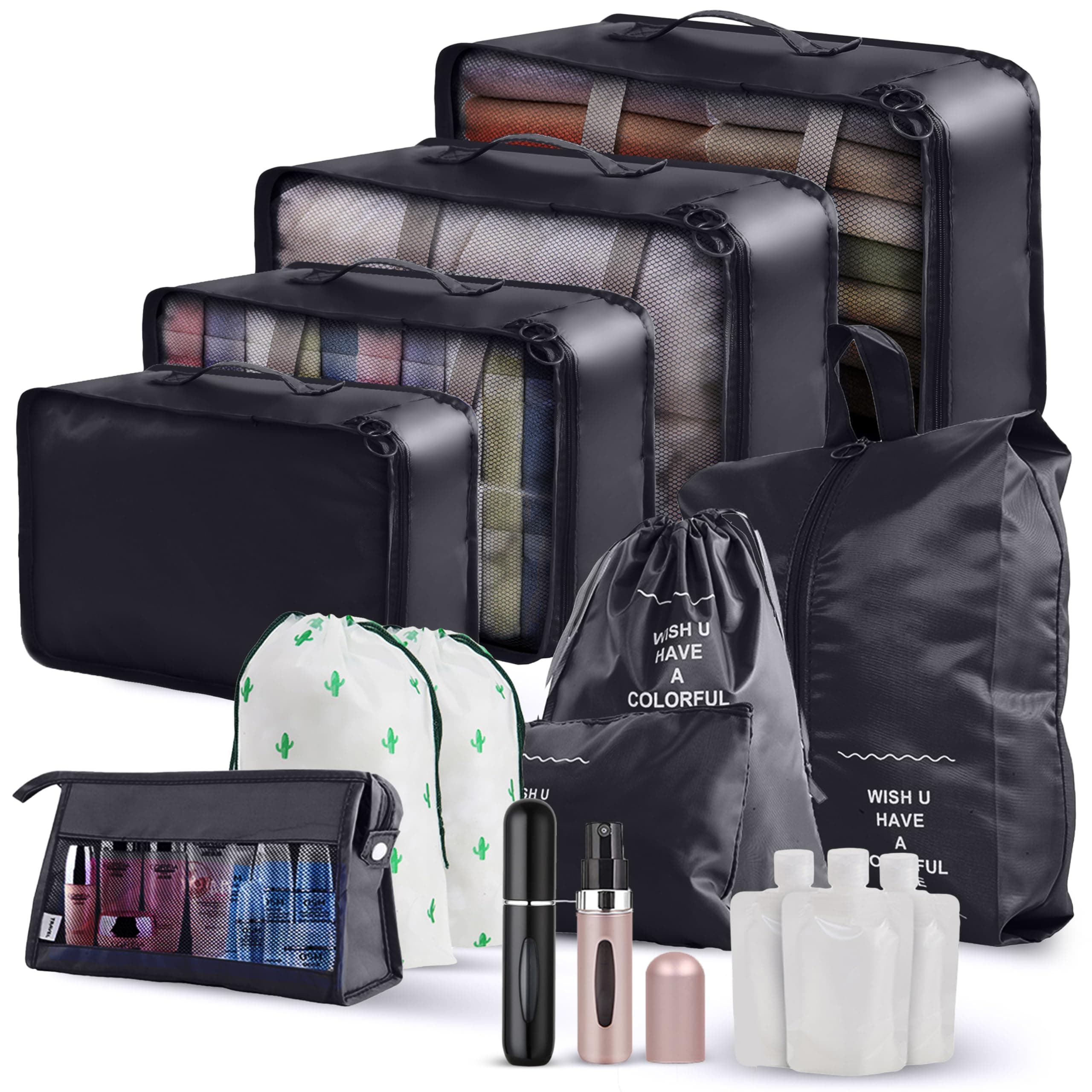 Universal Packing Cubes for Suitcases 15 Pieces [2 Perfume Atomisers included] | Multi Use Suitcase Orgniser Bags for Clothes, Shoes and Accessories | Water Proof Travel Essentials, Storage Bags