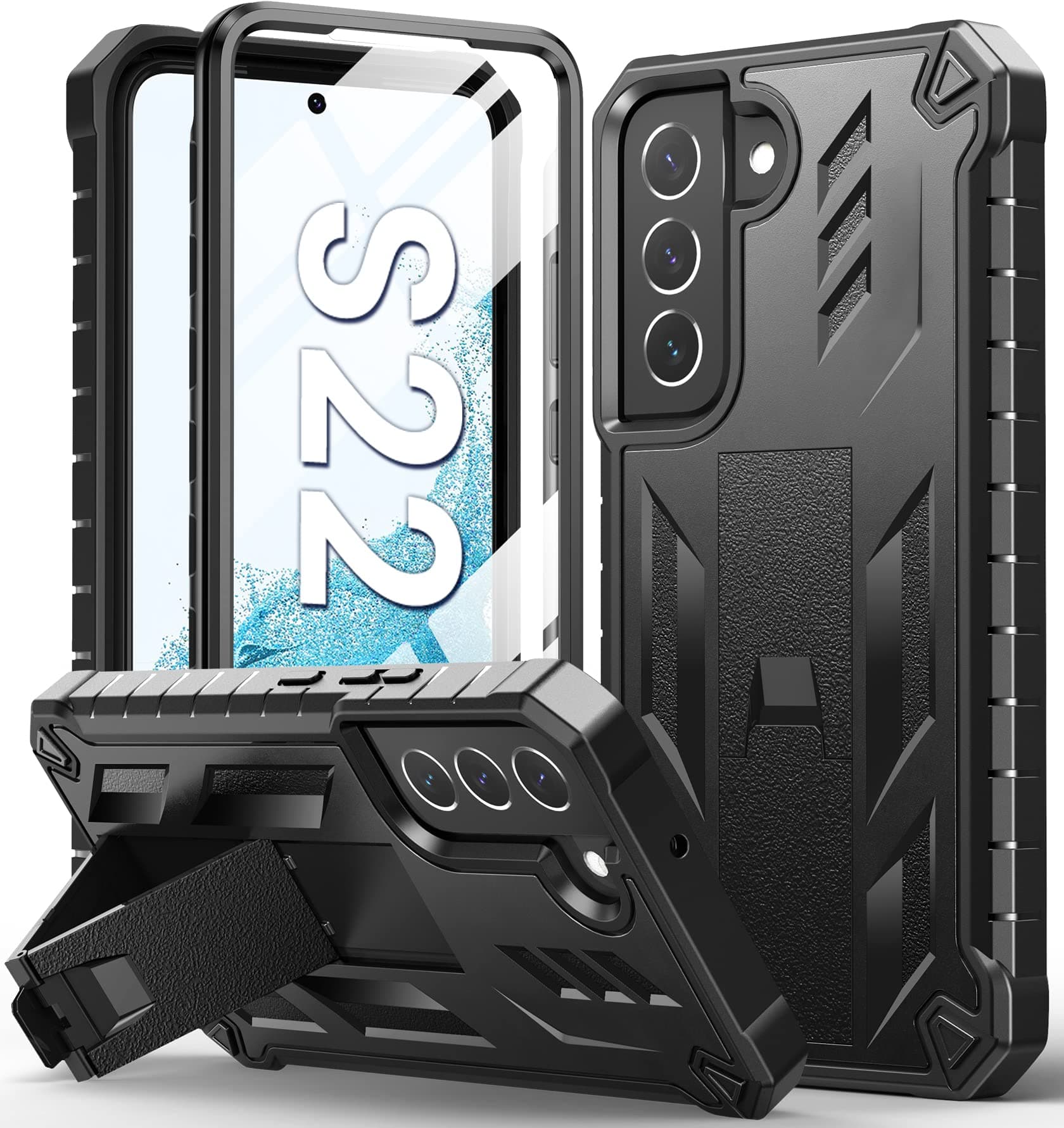 SOiOS for Samsung Galaxy S22 Protective Case: Military Grade Drop Proof Protection Mobile Phone Cover with Kickstand | Rugged Shockproof TPU Matte Textured Sturdy Phone Bumper (Black)