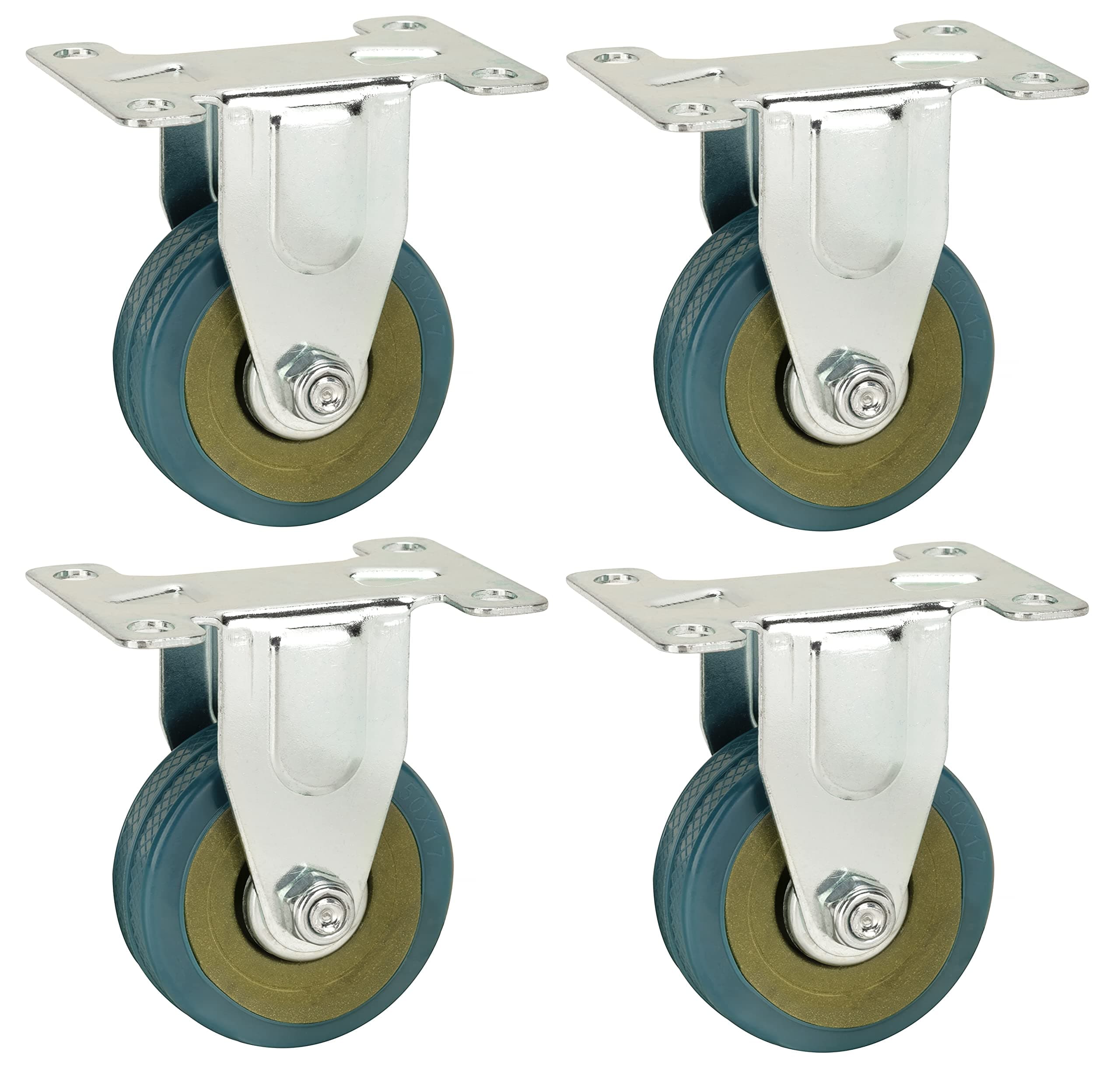 50mm Non Marking Grey Hard Rubber Castors - Fixed Plate Fitting - Heavy Duty Casters Wheels by Bulldog Castors - Max 100Kg Per Set