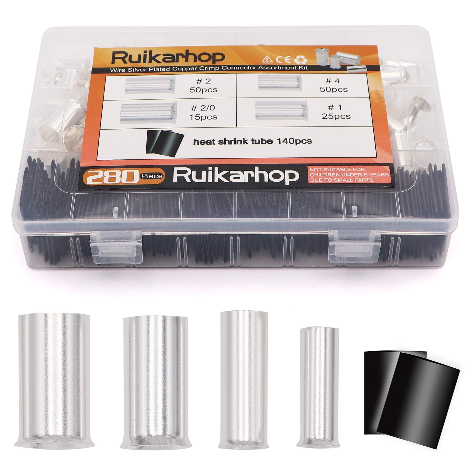 280PCS AWG 4 2 1 2/0 Wire Ferrule Silver Plated Copper Crimp Connector with Heat Shrink Tube