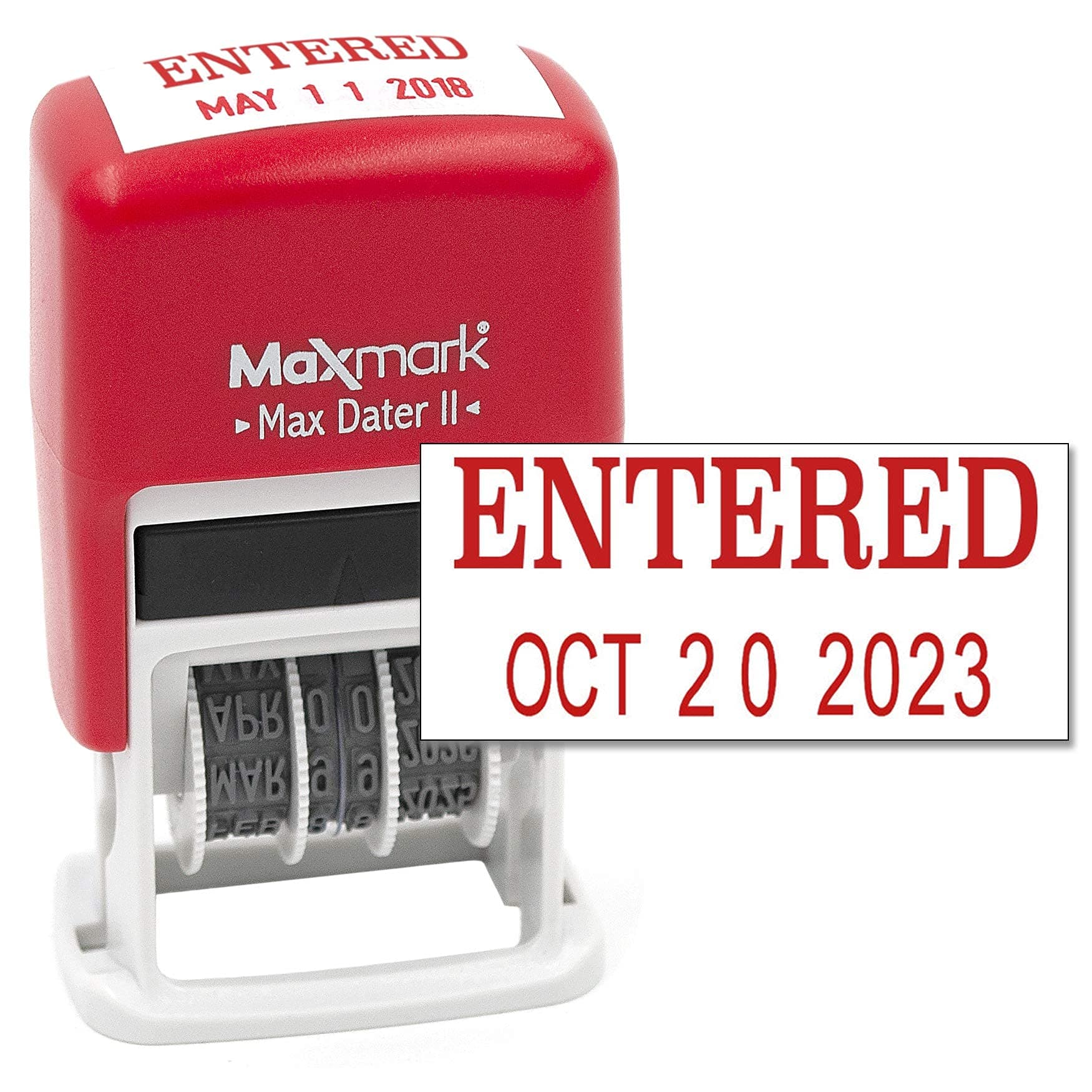MaxMark Self-Inking Rubber Date Office Stamp with ENTERED Phrase & - RED INK (Max Dater II), 12- Band