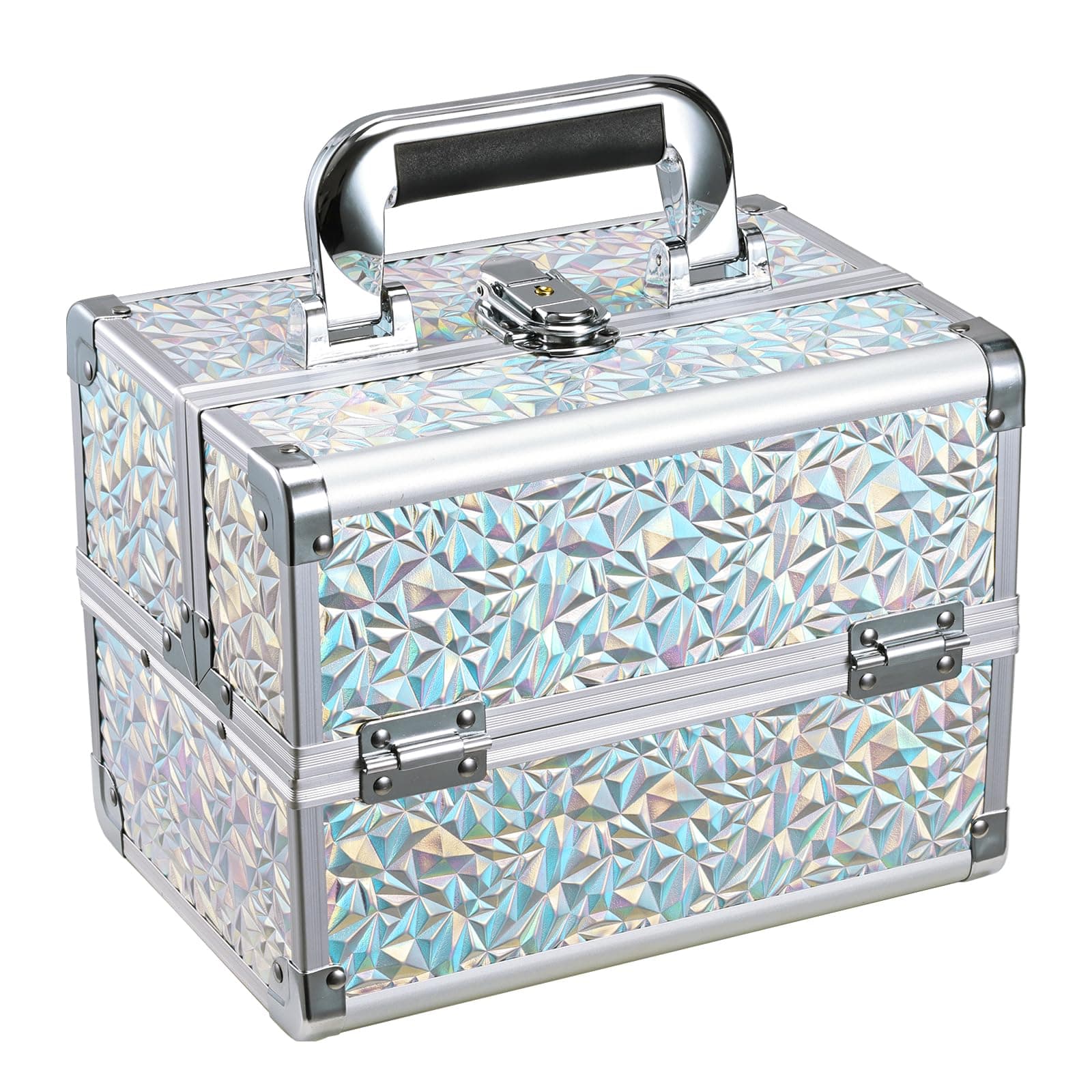 Makeup Train Case Makeup Case Organizer Portable Cosmetic Box Storage with 2 Trays Mirror Locking with Keys Make Up Travel Case Nail Kits Traveling Makeup Box Shiny Silver