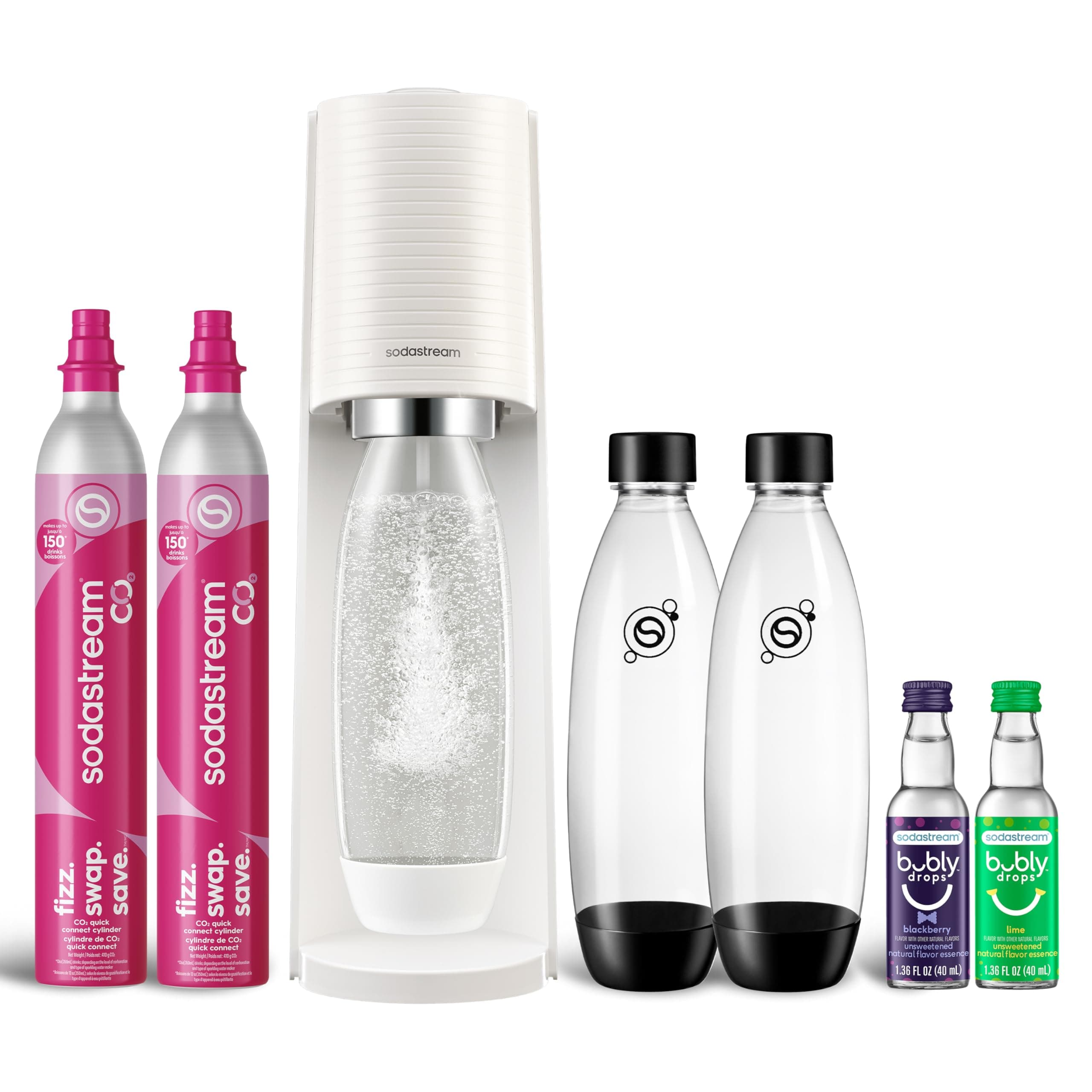 Terra Sparkling Water Maker Bundle (White), with CO2, DWS Bottles, and Bubly Drops Flavors