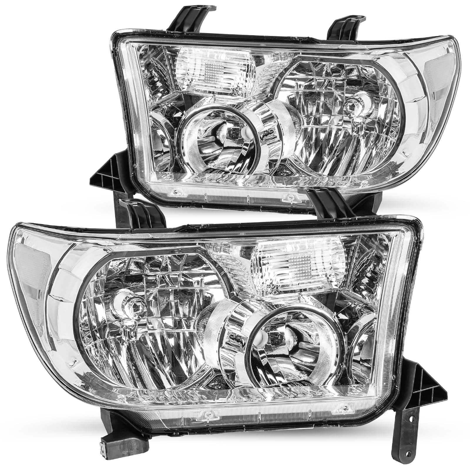 JSBOYAT Headlight Assembly Replacement for 2007 2008 2009 2010 2011 2012 2013 Toyota Tundra / 2008-2017 Sequoia Chrome Housing with Clear Reflector, w/o Headlight Leveling Adjuster