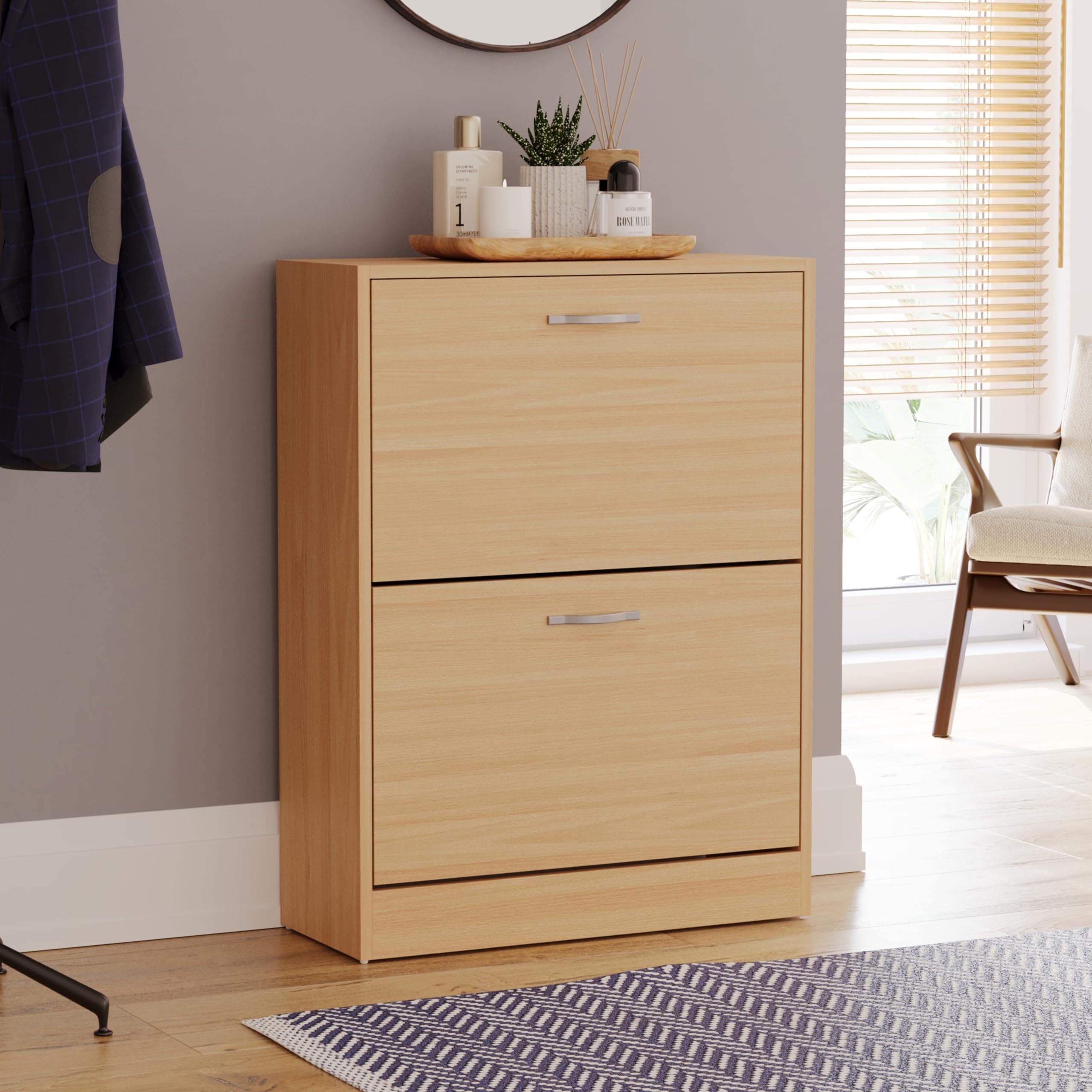 Vida Designs 2 Drawer Shoe Cabinet Cupboard Shoe Storage Pull Down Shoe Organisation Storage Organiser Wooden Furniture Unit (Pine)