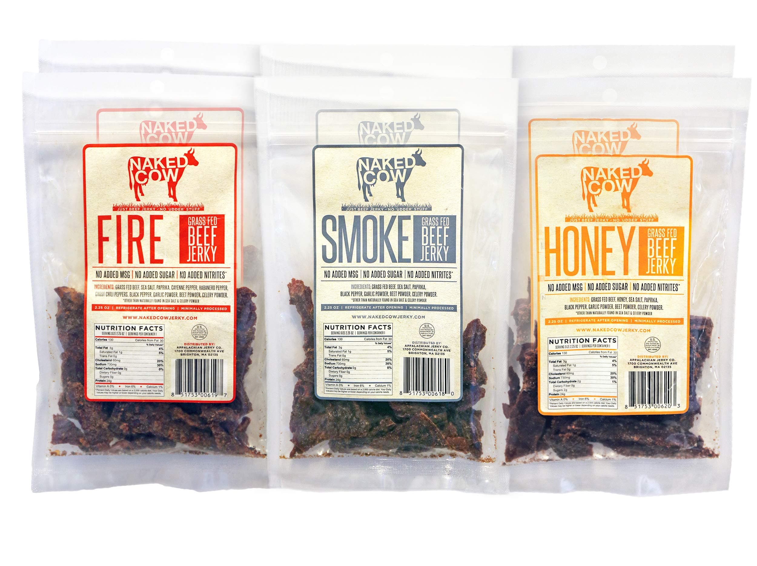 Naked Cow All Natural Grass Fed Beef Jerky - SAMPLER includes TWO (2) bags of HONEY, FIRE and SMOKE (6 Pack)