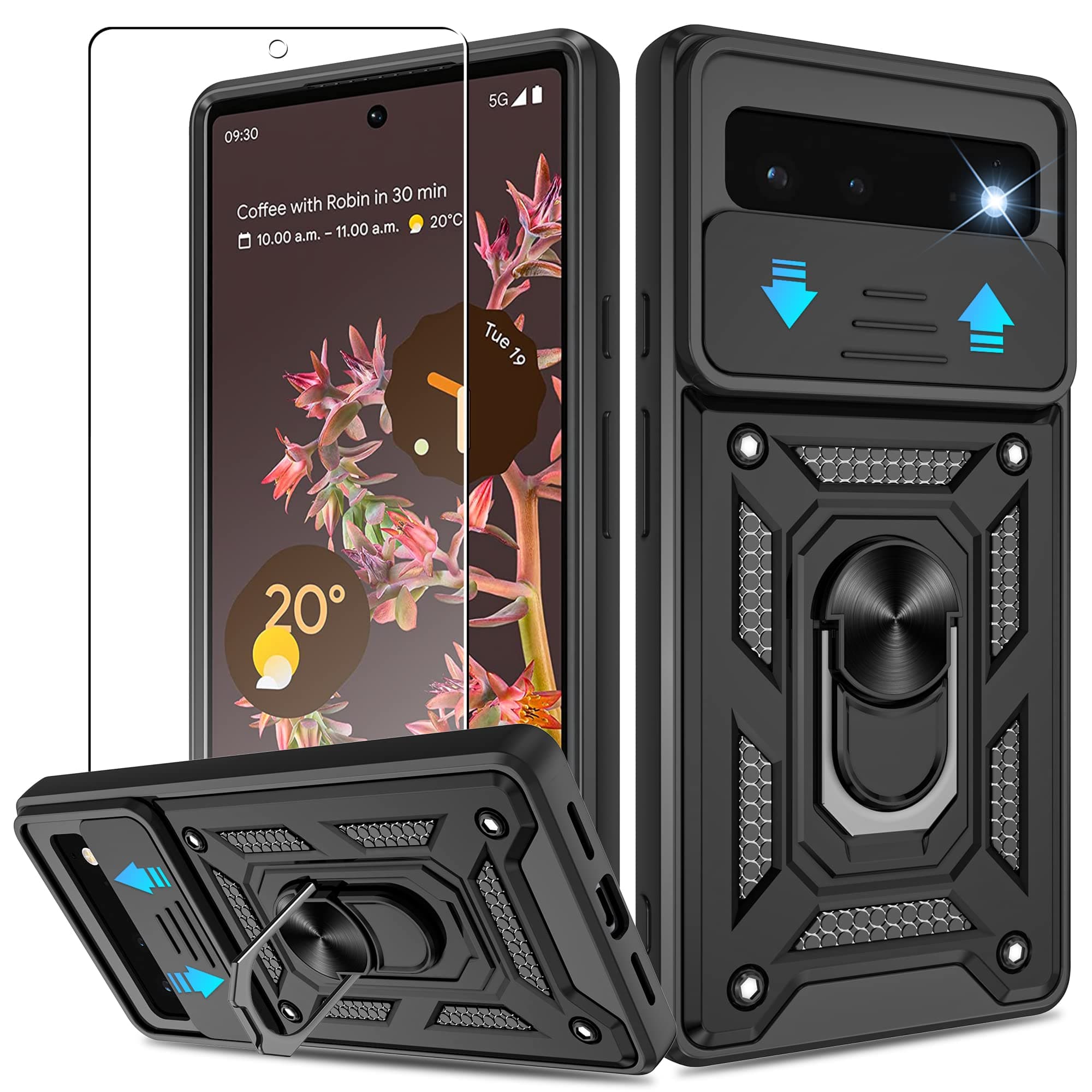 Atumpfor Google Pixel 6 Case with HD Screen Protector, Heavy Duty Shockproof with 360° Rotation Metal Kickstand [Military Grade] Protective Case for Google Pixel 6, Black