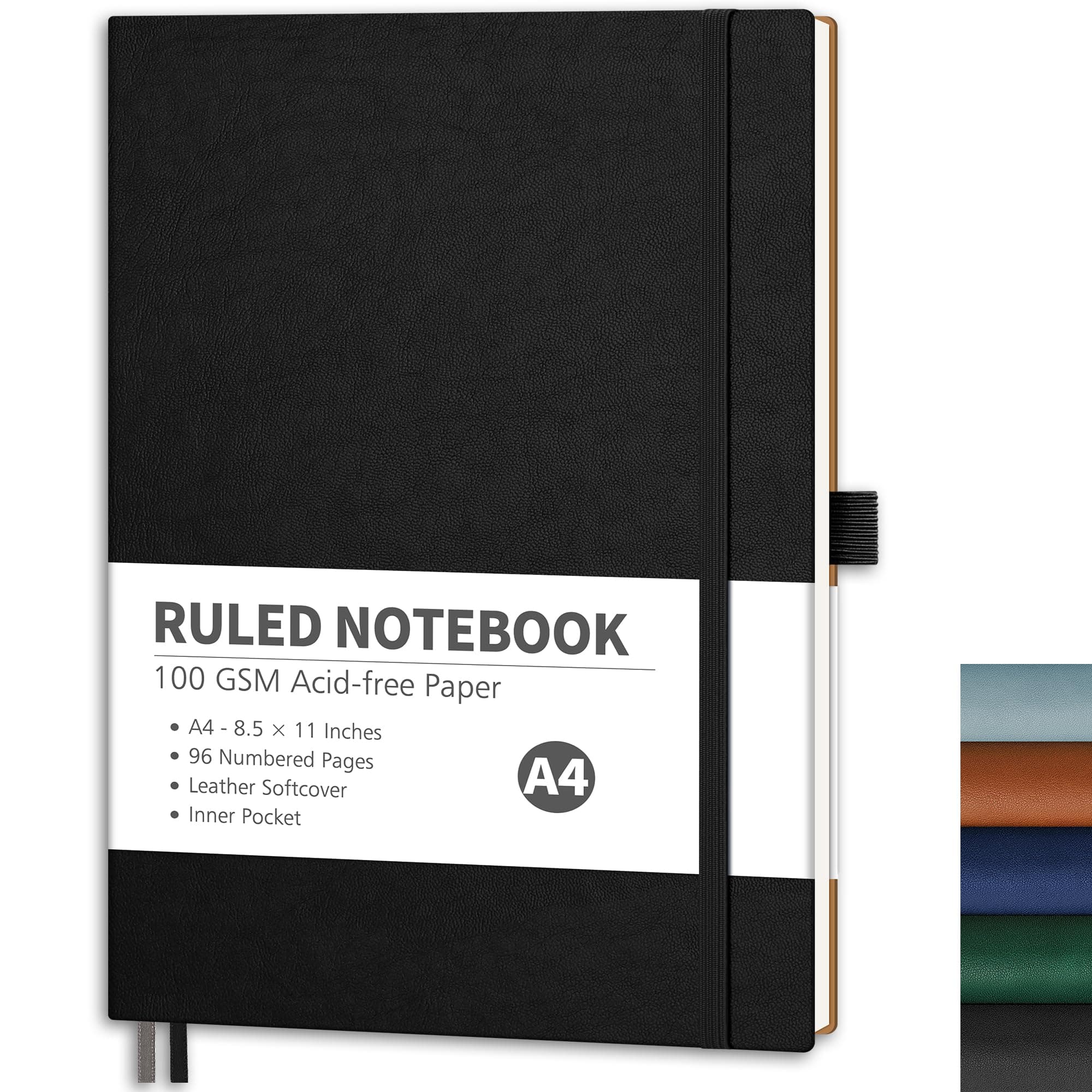 RETTACY Lined Journal Notebook, 96 Numbered Pages, A4 Large Size (8.5'' x 11''), for Men & Women, Journaling, Writing, Work & Office, Leather Softcover, 100 GSM Thick Paper (Black)