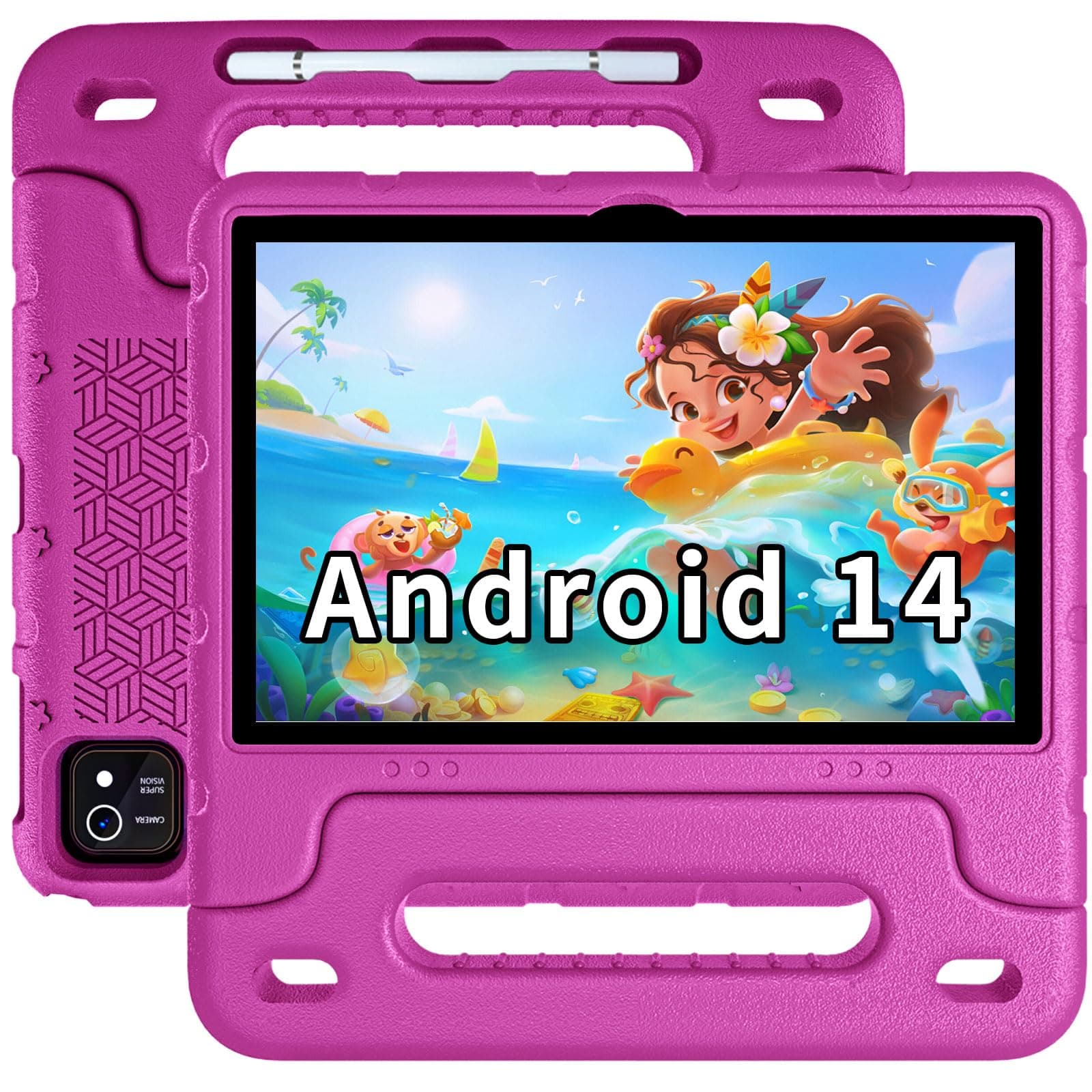 EDDBNi Kids Tablet Android 14 Tablet 10 inch Kids Tablets with Case Quad Core 64GB Dual Camera Parental Controls 2.4G WiFi Educational Tablets (粉红色)