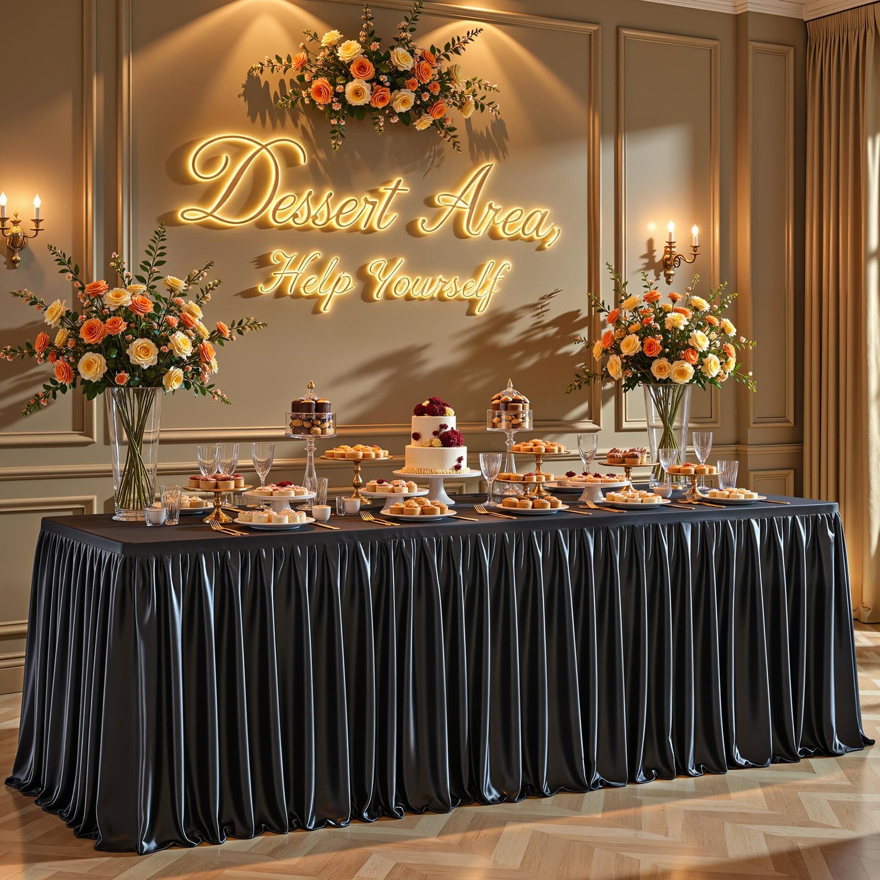 4ft Black Satin Tablecloths Rectangular - Shiny Spandex Party Table Cover with Pleated Table Skirt, No-Wrinkle & Glossy Wedding Tablecloth One-Piece for Birthday Baby Shower Banquet Ceremony & Events