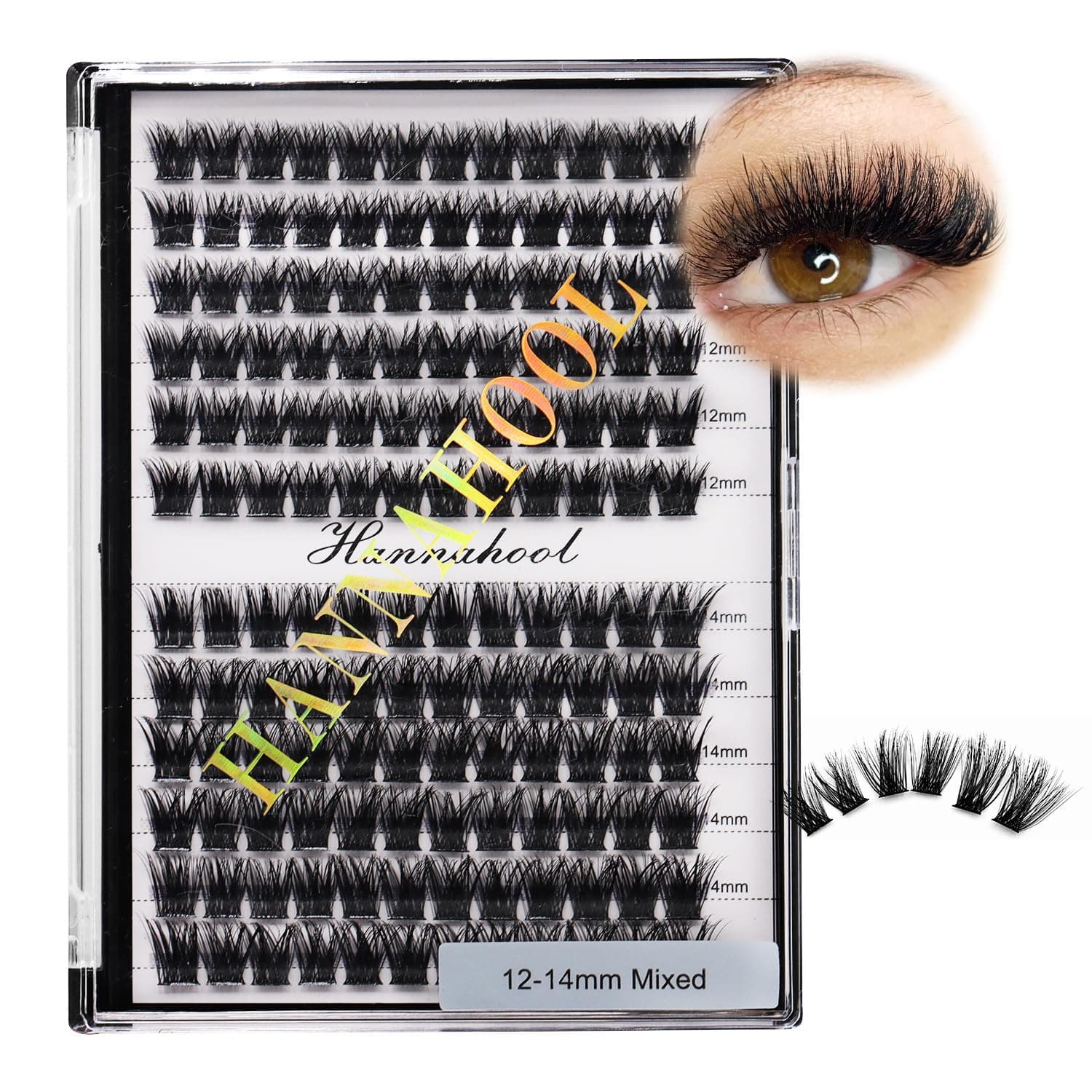 12rows-Large Tray Mixed 8-10-12-14-16mm/Mixed 14-15-16mm/Mixed14mm-16mm/Mixed 18-20mm Wide Stem Individual False Eyelashes Dramatic Black Cluster Eyelashes (mixed 12-14mm)