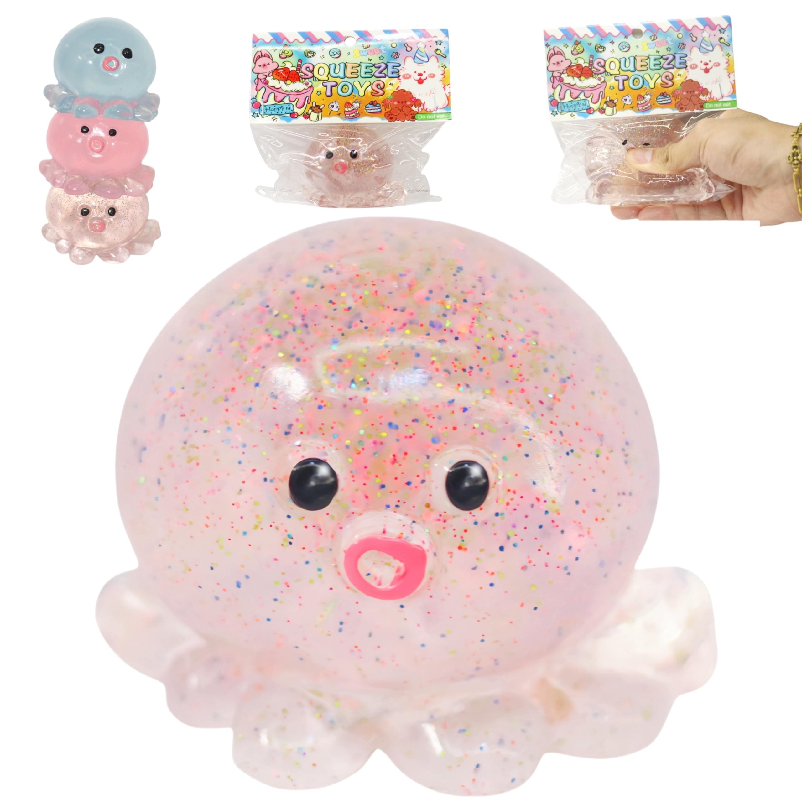 Crystal Sequin Octopus Taba Squishy – Cute Taba Stress Relief Toy, Kawaii Fidget Ball for Desk, Office & Gifts (Glitter Pink)