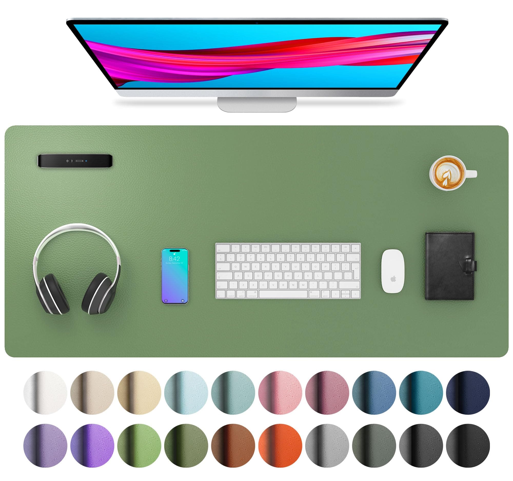 Aothia Leather Desk Pad Protector,Mouse Pad,Office Desk Mat, Non-Slip PU Leather Desk Blotter,Laptop Desk Pad,Waterproof Desk Writing Pad for Office and Home (36" x 17", Olive Green)