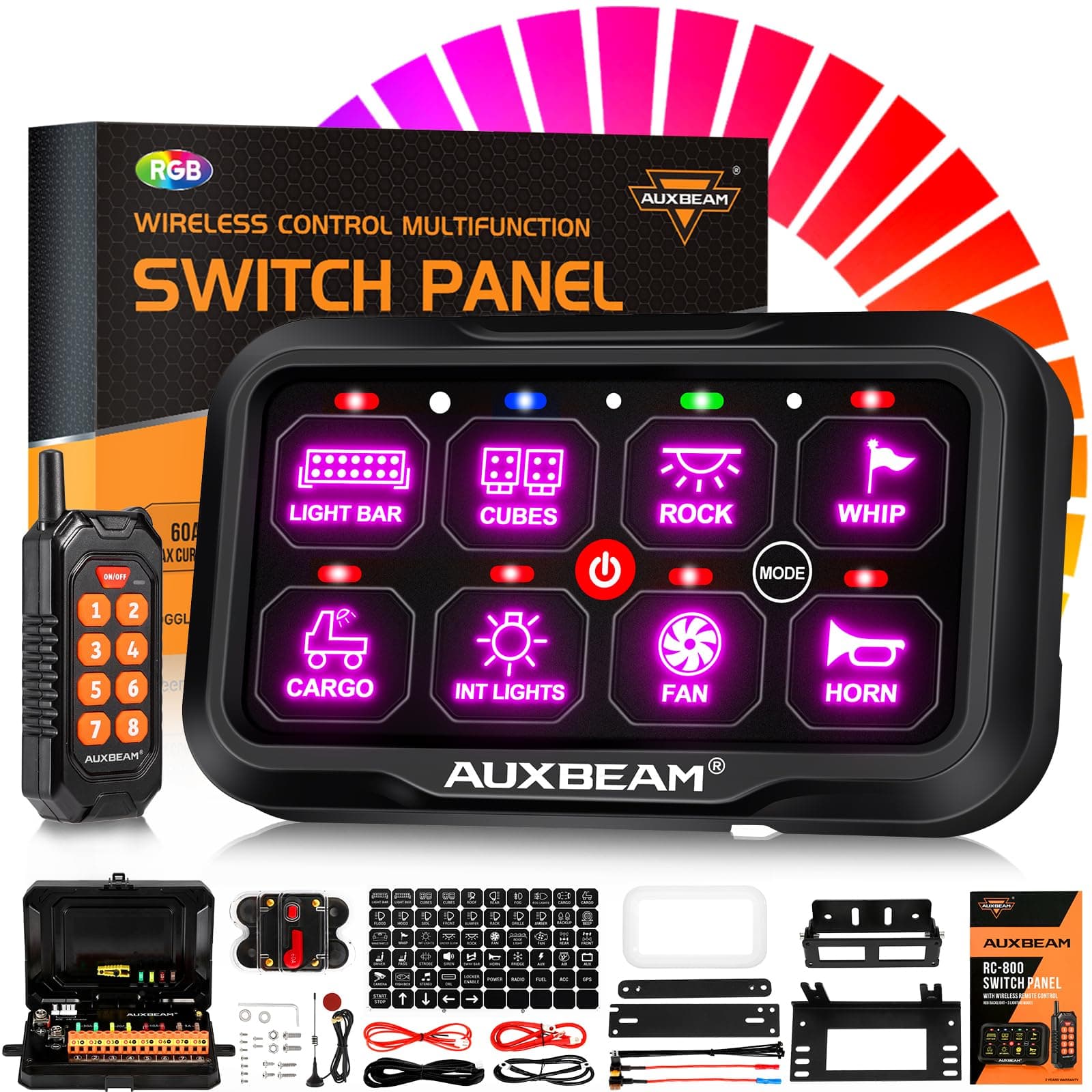 - Auxbeam 8 Gang Switch Panel RC-800 RGB Wireless Remote Control Range Up to 165FT Multifunction Switch Pod 3 lighting modes with Backlit Off and Auto Dimmable for RV Offroad Waterproof 3 Years Warranty