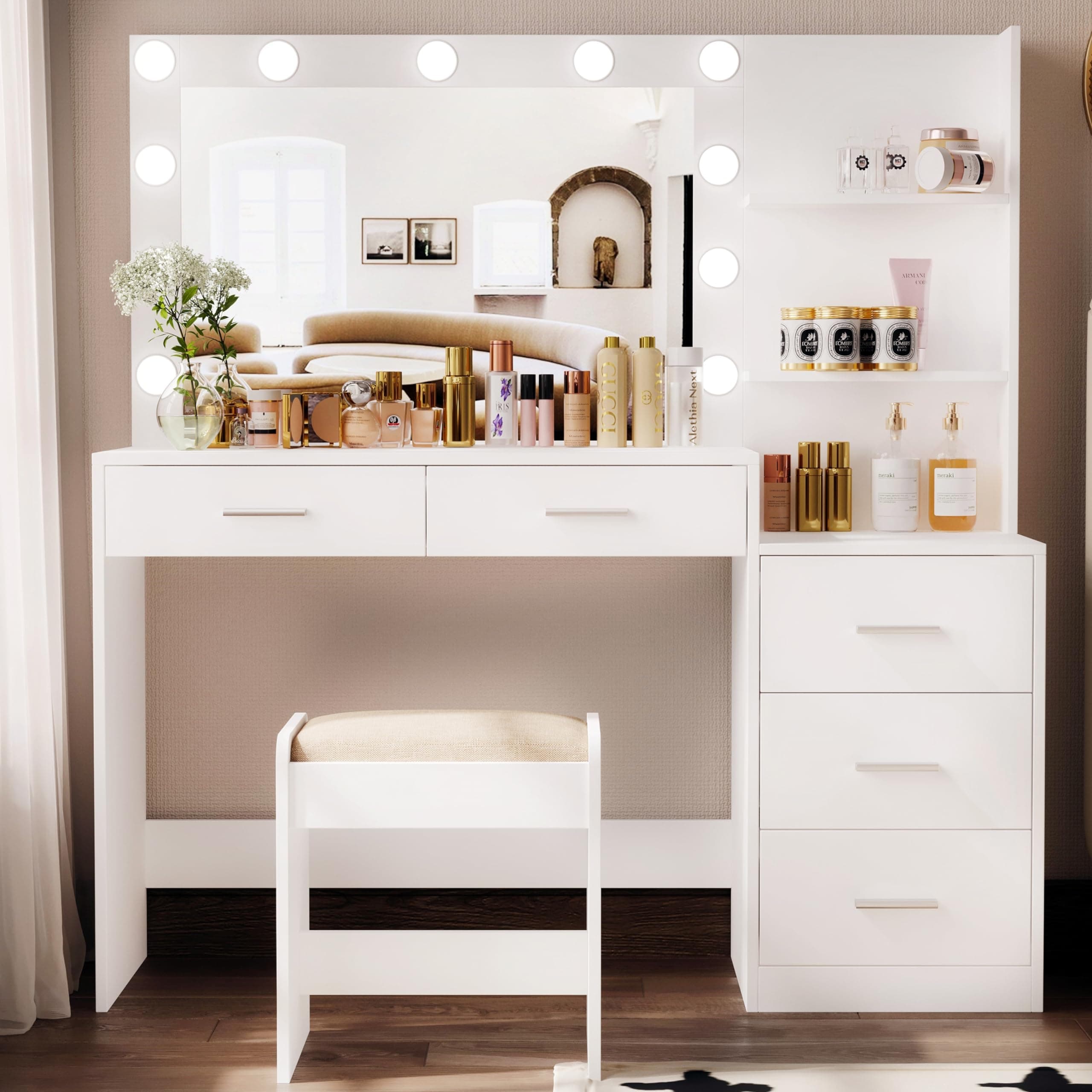 Rovaurx 46.7" W Makeup Vanity Set with Lights and Mirror, Vanity Desk with 5 Drawers, 3 Lighting Colors, Dressing Table for Bedroom, Studio, White
