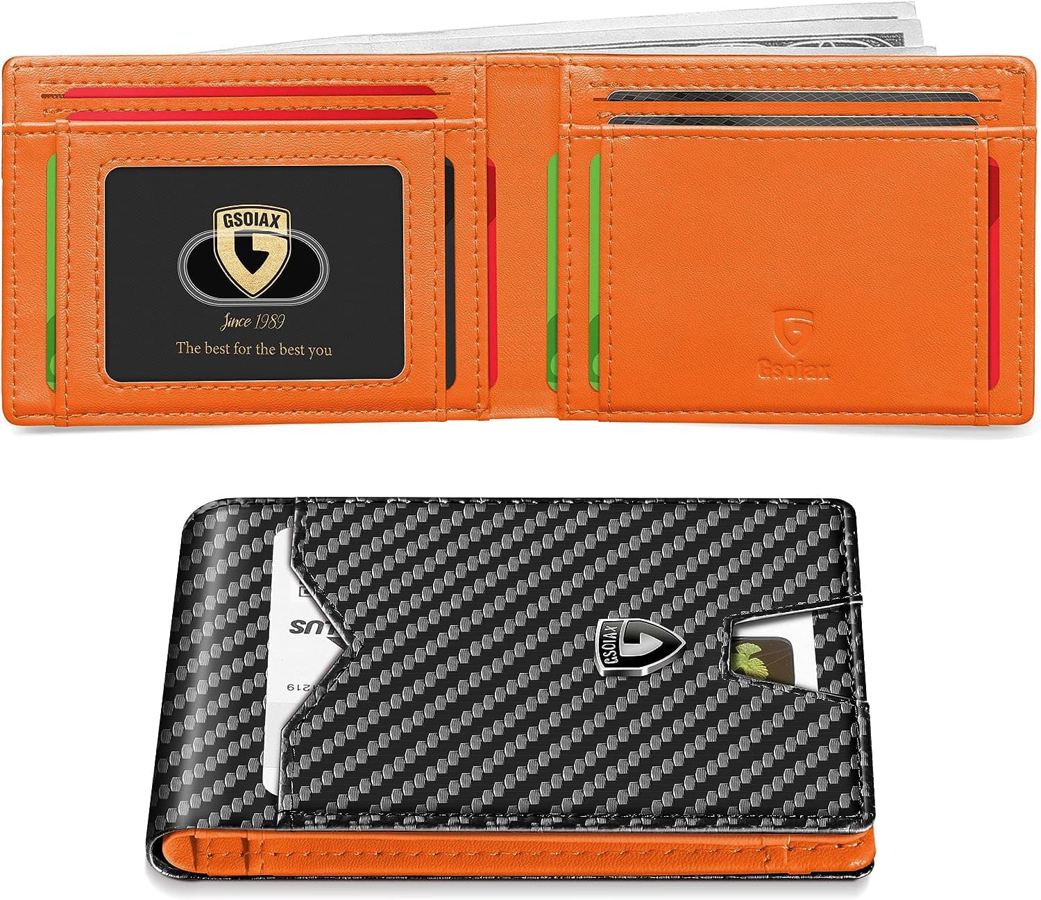 GSOIAX Slim Wallet for Men Rfid Blocking Leather Bifold Front Pocket Carbon Fiber Credit Card Holder With Gift Box, Carbon Black and Orange, Slim