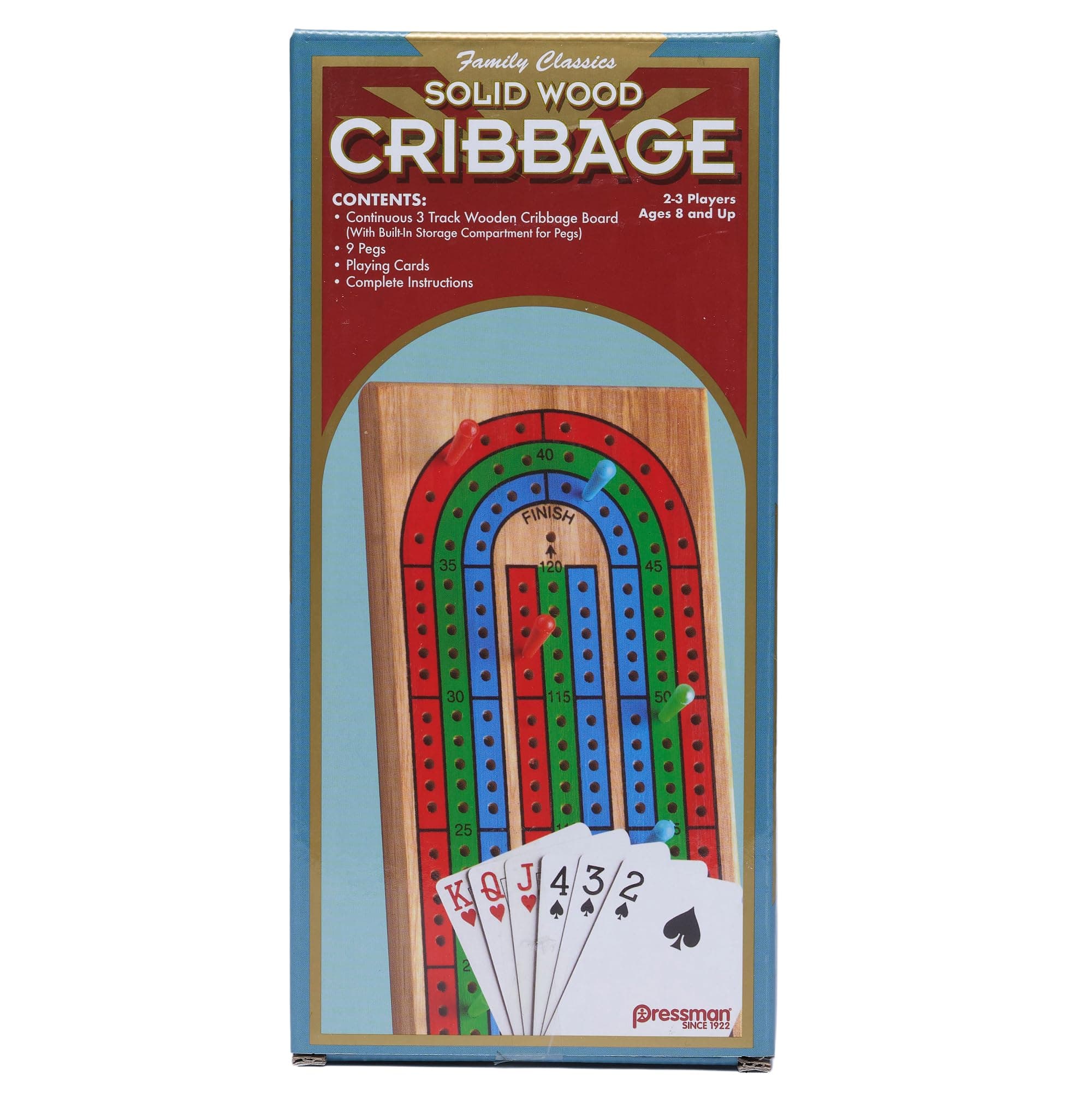 Family Classics Cribbage - Solid Wood Continuous 3 Track Board with Built-In Storage Compartment for Pegs