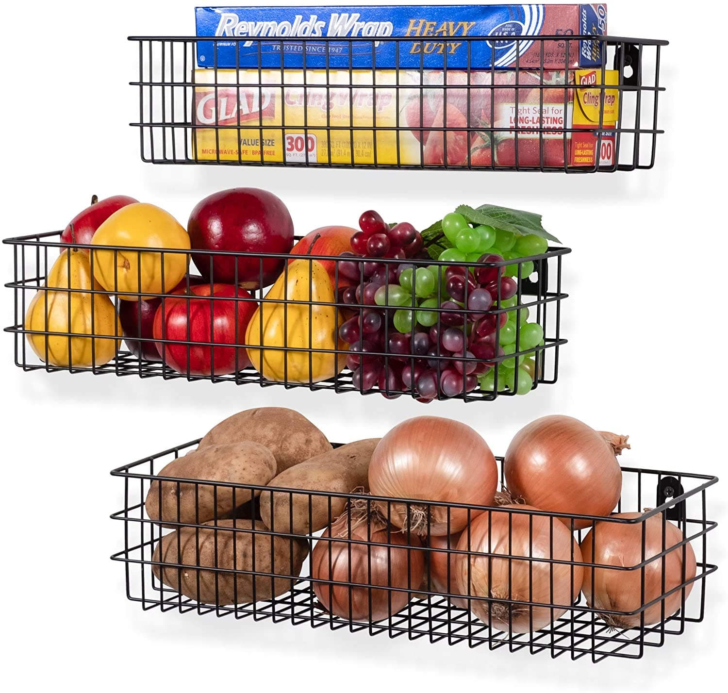 SHIOK DECOR® Wall Mounted Metal Wire Baskets for Kitchen Organization and Storage, Hanging storage Basket for fruit, cloth, vegetables and decor Set of 3 Black(MAKE IN INDIA)
